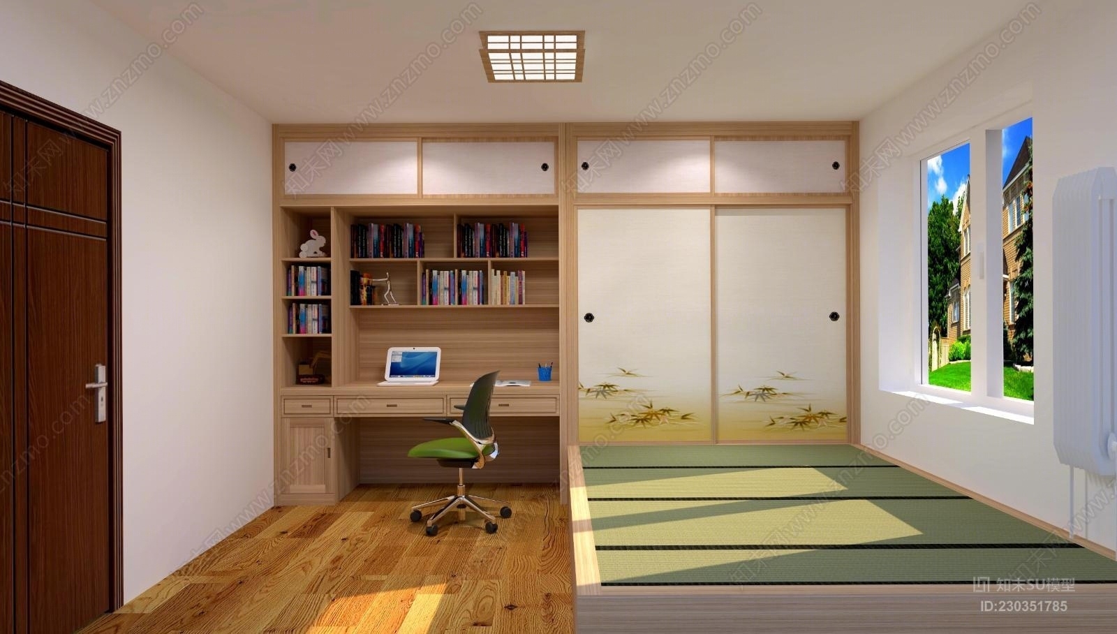 实木榻榻米卧室案例书架衣柜装饰品齐全精细全然灯光渲染参数齐全SU模型下载【ID:230351785】
