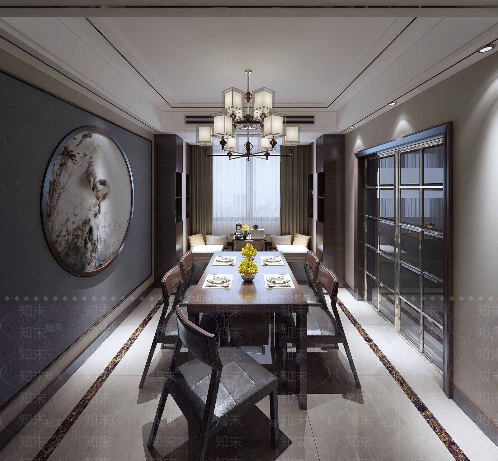 新中式现代中式餐厅餐桌吊灯移门3D模型下载【ID:832770588】