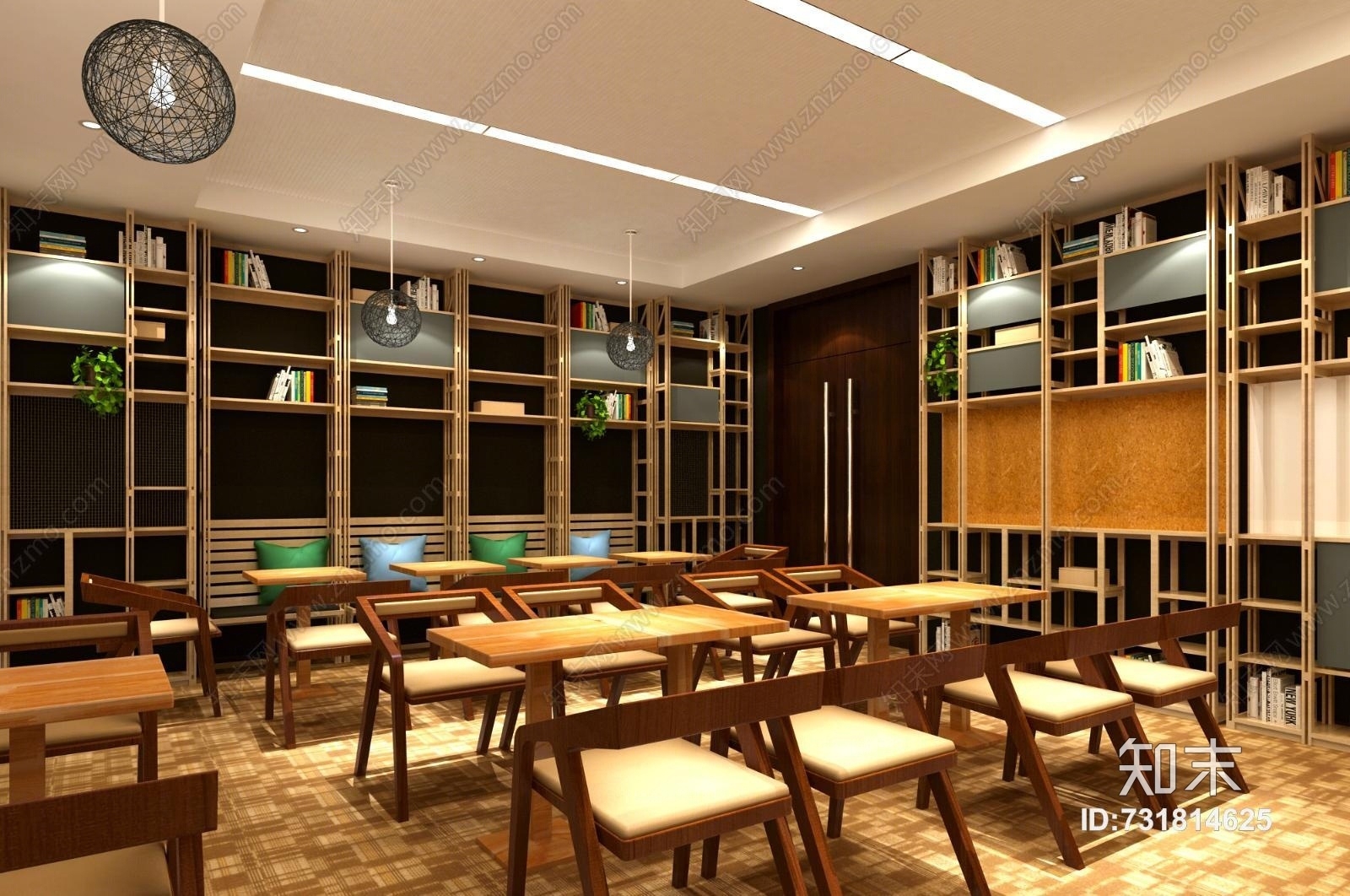 北欧办公室桌椅组合书架创意吊灯盆栽3D模型下载【ID:731814625】