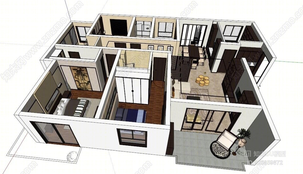 中式室内装修设计SU模型下载【ID:925859872】