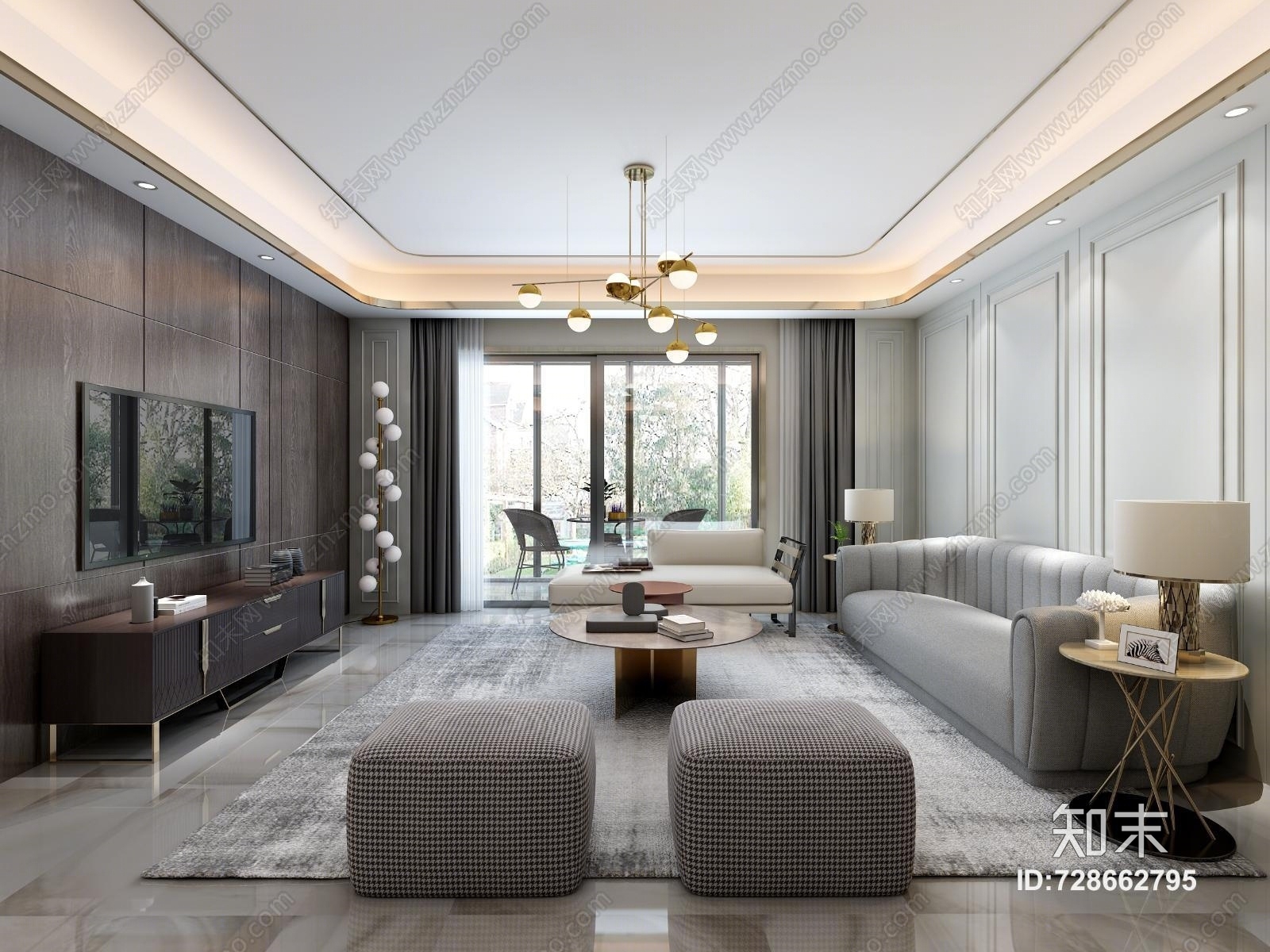 现代客厅吊顶3D模型下载【ID:728662795】