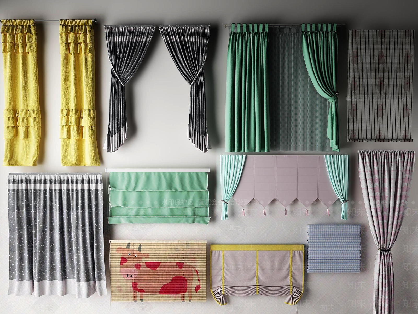 日式儿童房窗帘3D模型下载【ID:334819847】