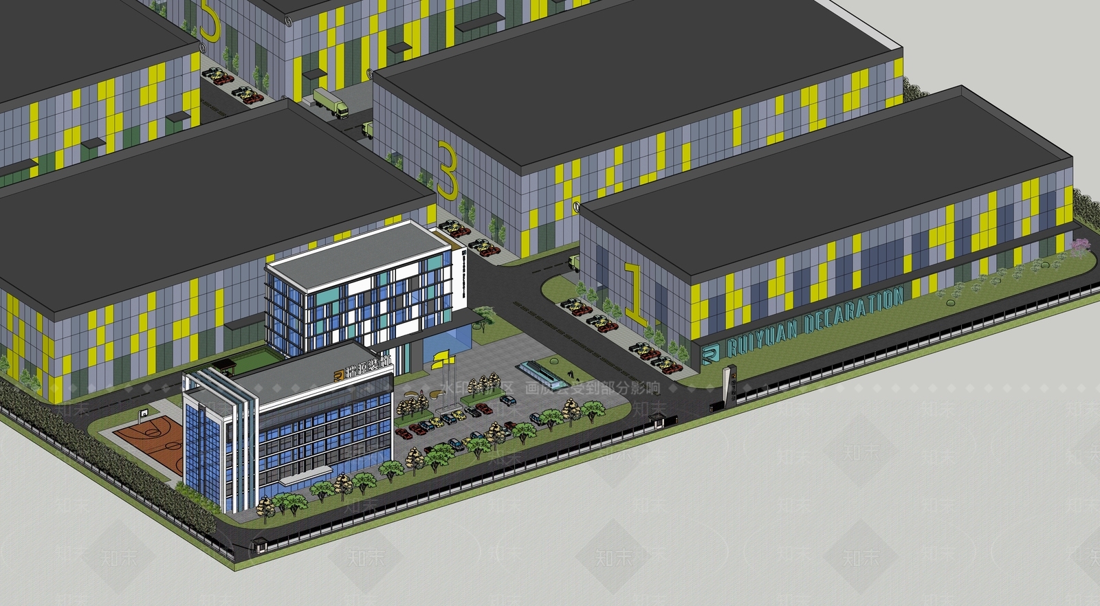 办公厂房食堂宿舍门头岗亭建筑外观SU模型下载【ID:332845351】