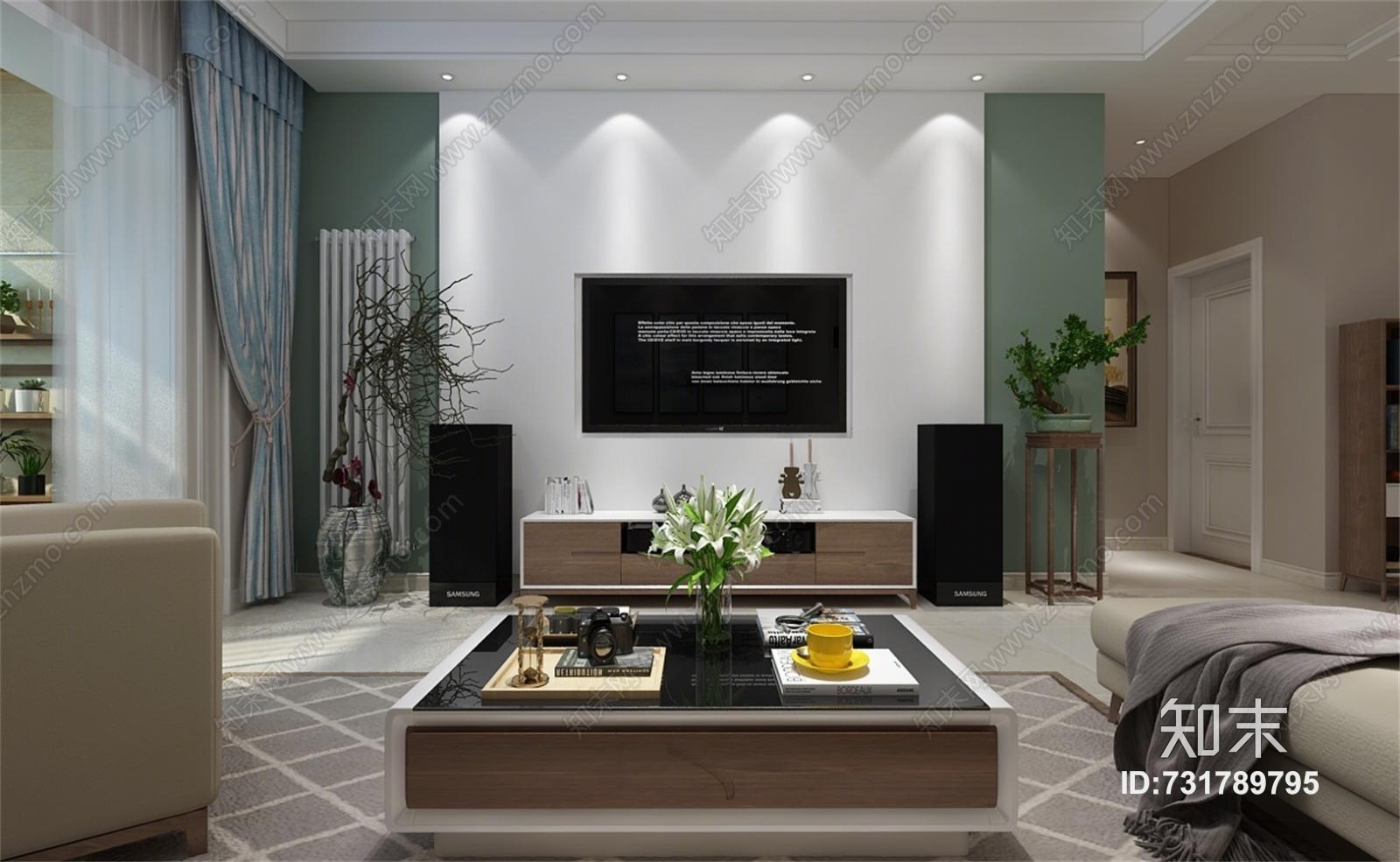 现代客厅餐厅过道玄关沙发餐桌鞋柜冰箱钢琴吸顶灯3D模型下载【ID:731789795】