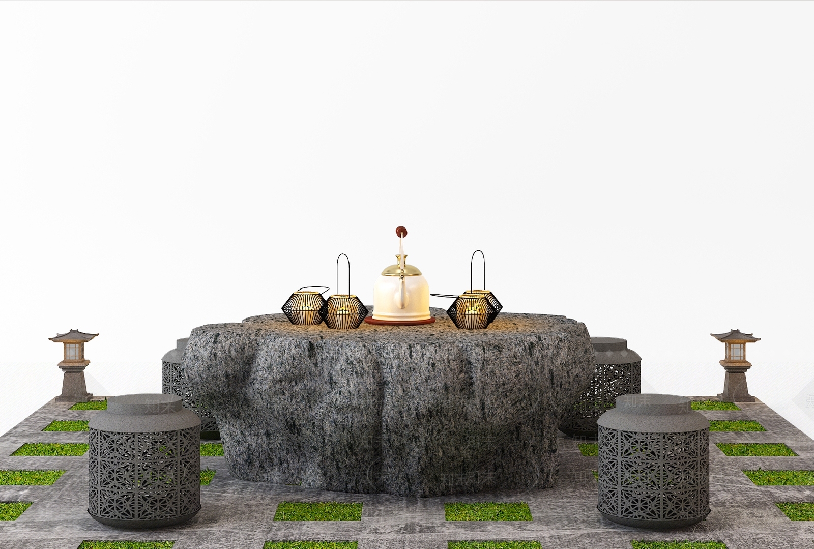 中式石桌石凳组合3D模型下载【ID:534907748】