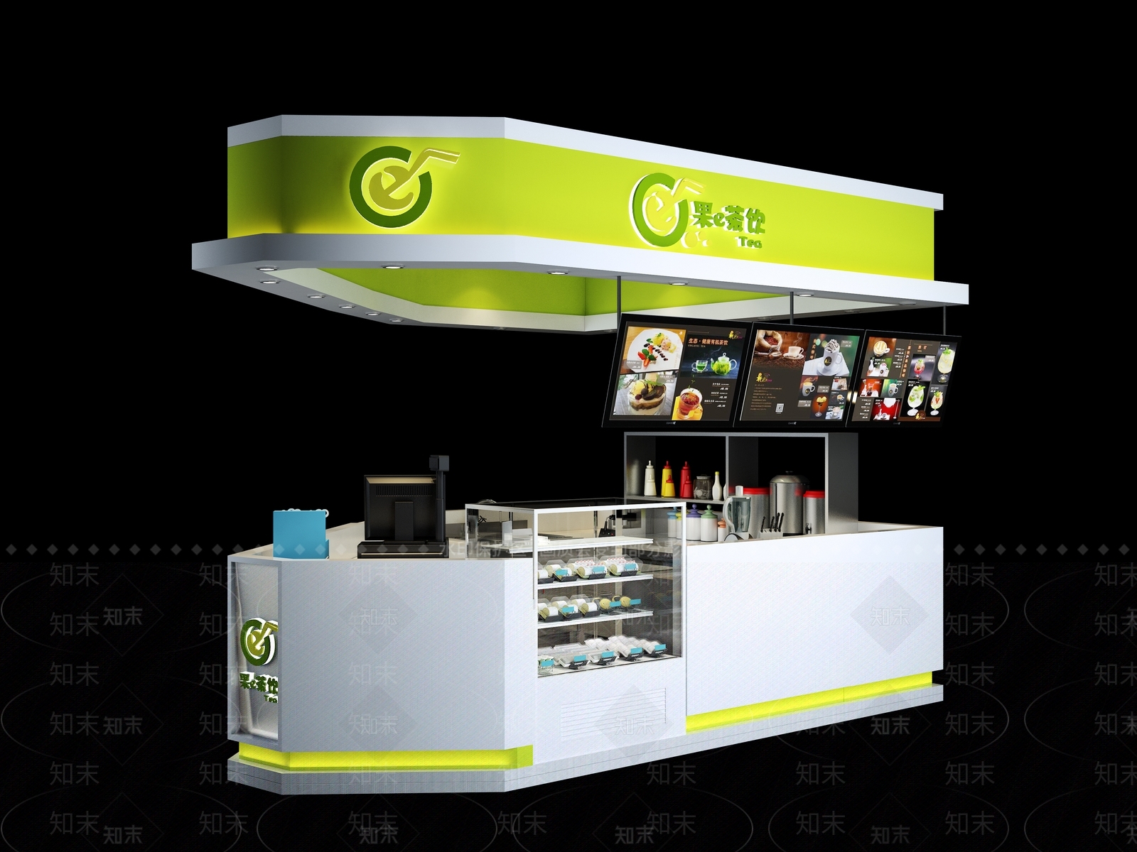 现代奶茶店收银台水牌玻璃展柜设备3D模型下载【ID:335221801】