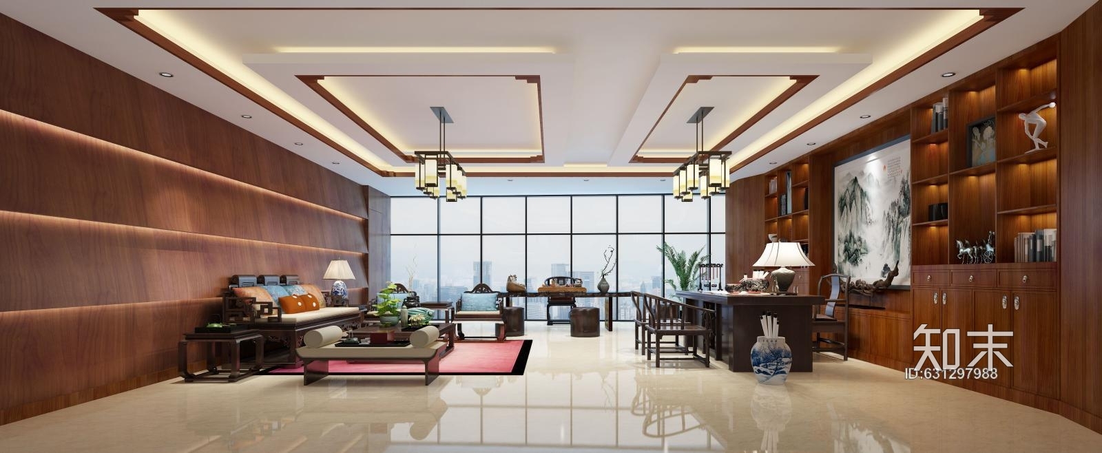 高级中式办公会所空间设计CAD施工图、效果图全套施工图下载【ID:631297988】