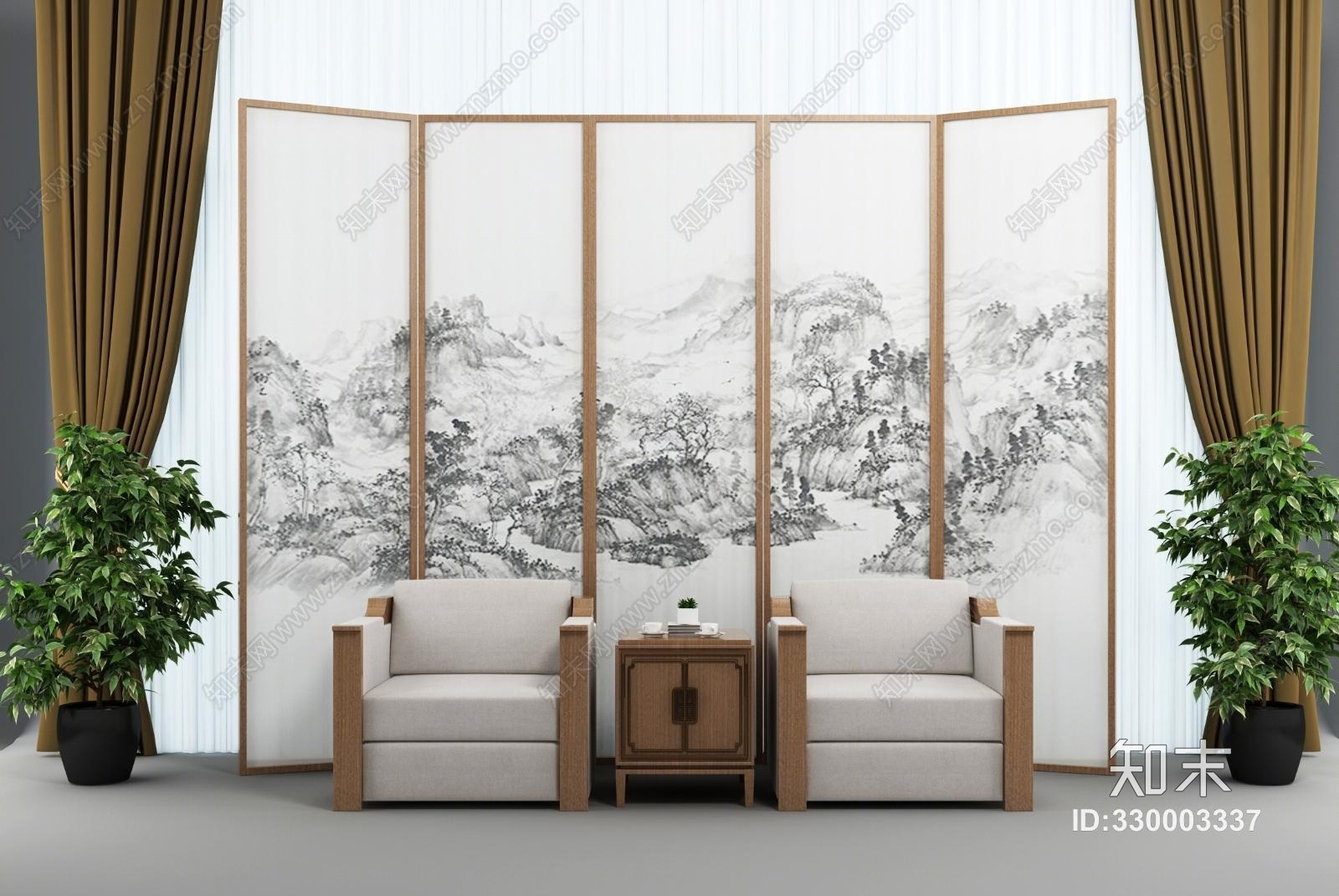 接待室屏风背景窗帘绿植3D模型下载【ID:330003337】