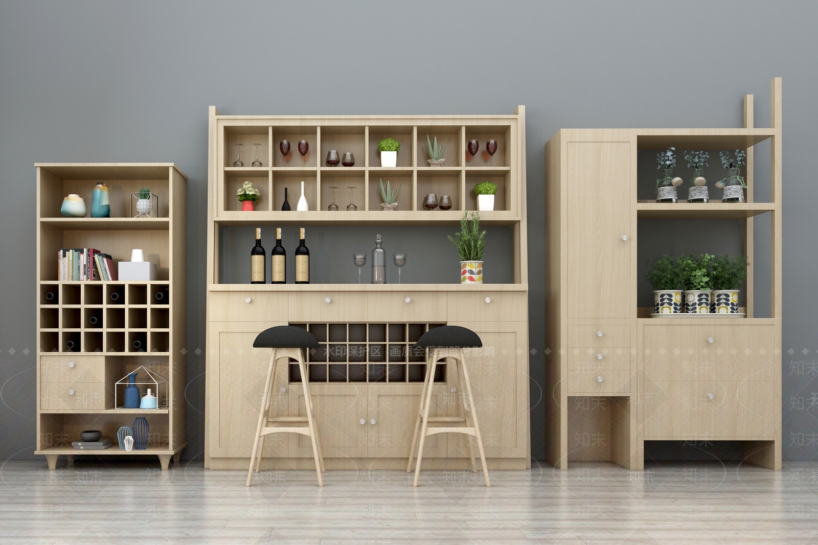 现代北欧酒柜吧台椅装饰柜组合3D模型下载【ID:932432029】