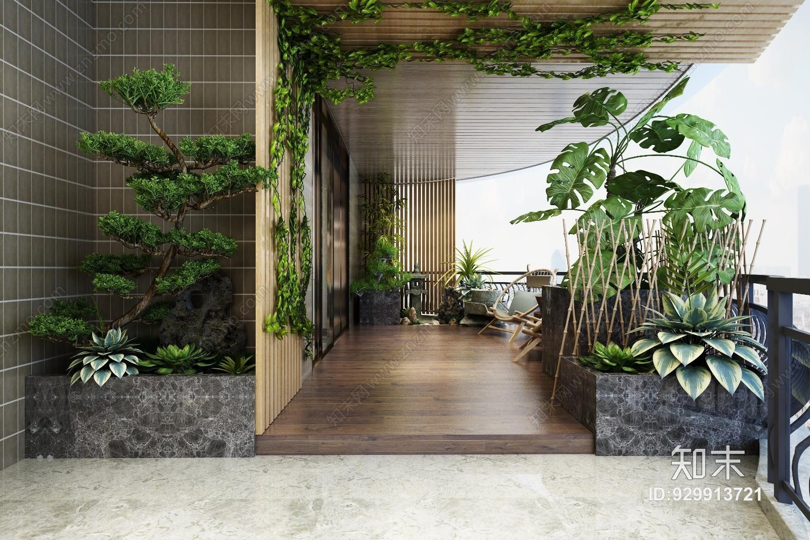 新中式阳台植物3D模型下载【ID:929913721】