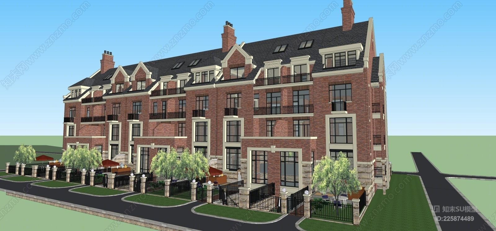 英式别墅，联排建筑，住宅建筑，英伦风SU模型下载【ID:225874489】