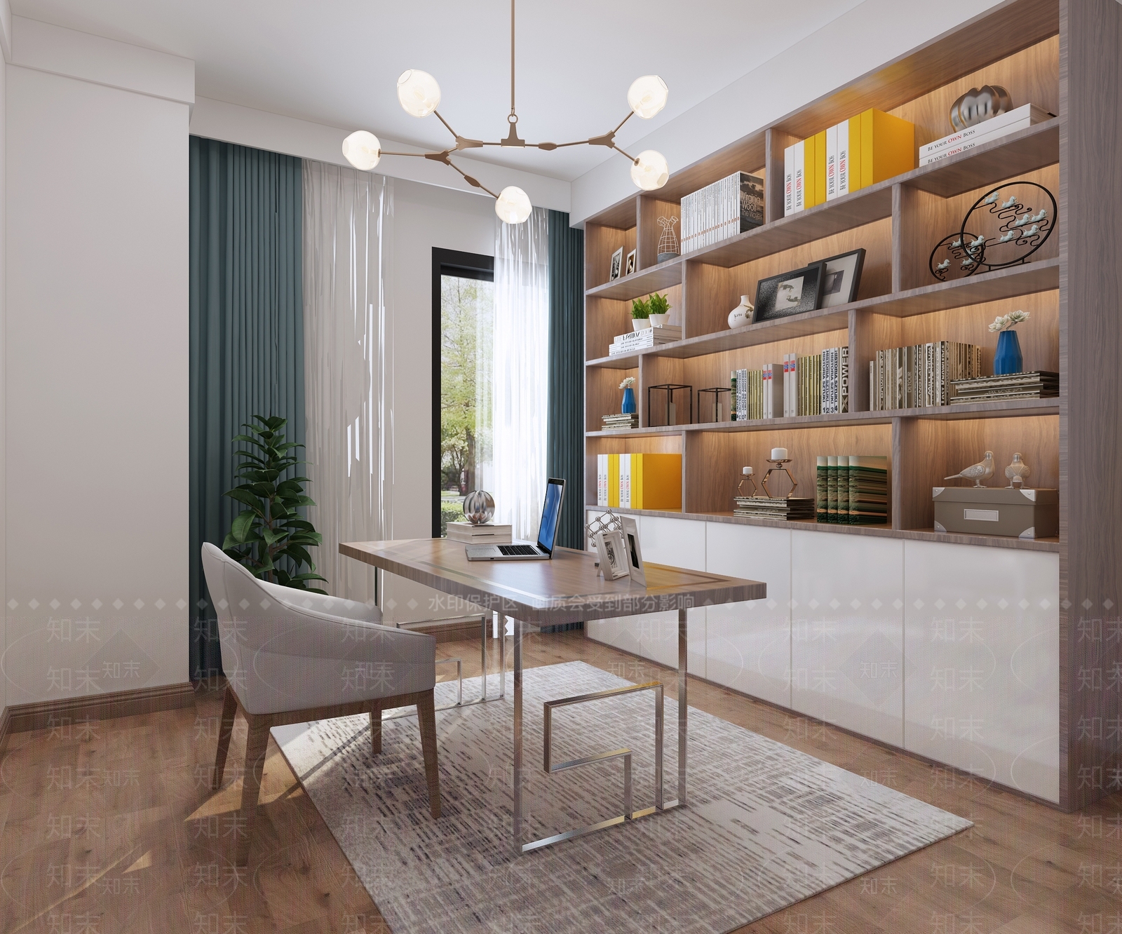 北欧书房书柜书桌吊灯3D模型下载【ID:532936628】