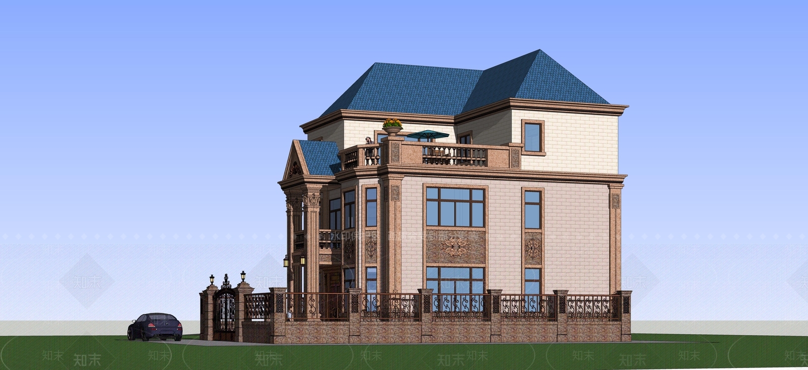 农村自建房豪宅钟楼SU模型下载【ID:234044387】