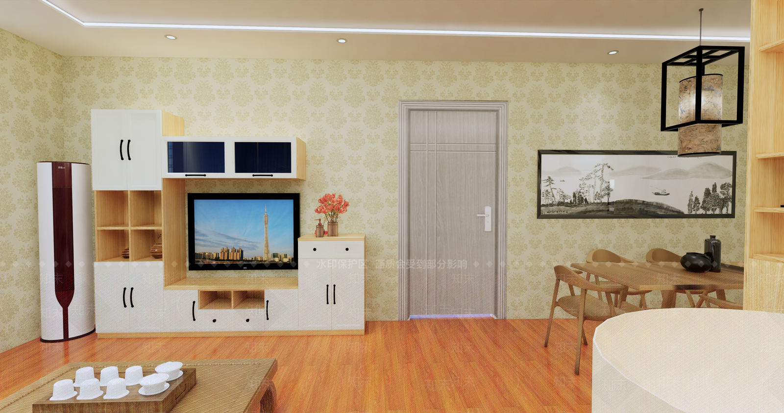 模型客餐厅新中式电视柜玄关柜软装家具沙发茶几边几茶杯餐桌椅子射灯挂画SU模型下载【ID:733313711】