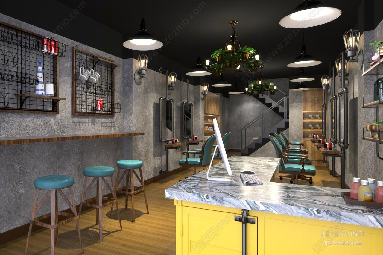 LOFT工业理发店美容院餐厅SU模型下载【ID:530429324】