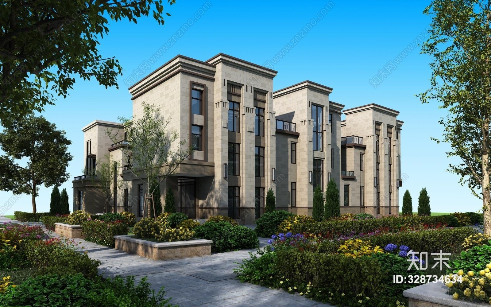新古典室外高档精品高层别墅小区景观建筑3D模型下载【ID:328734634】