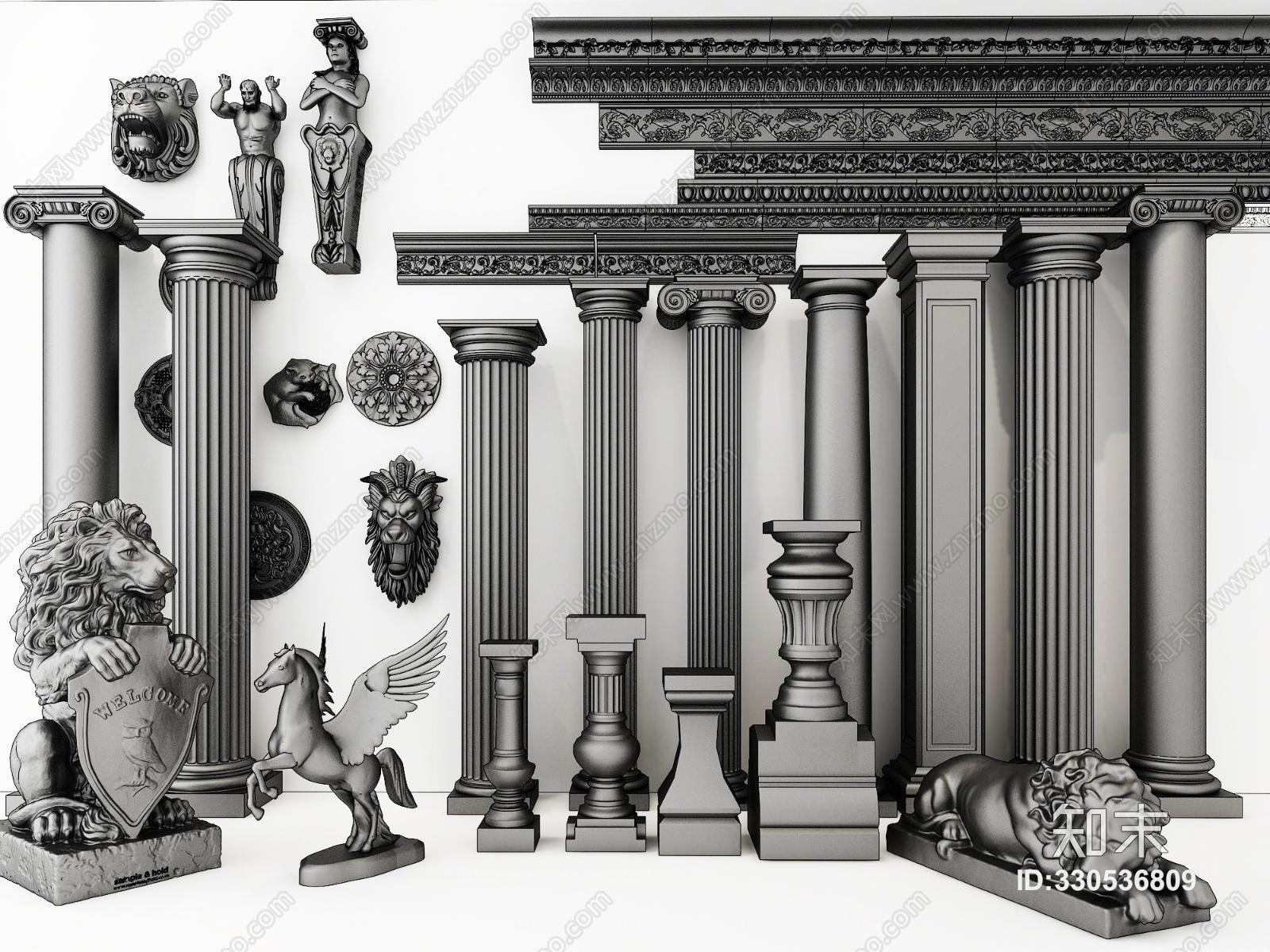 欧式雕塑雕刻罗马柱石膏体3D模型下载【ID:330536809】