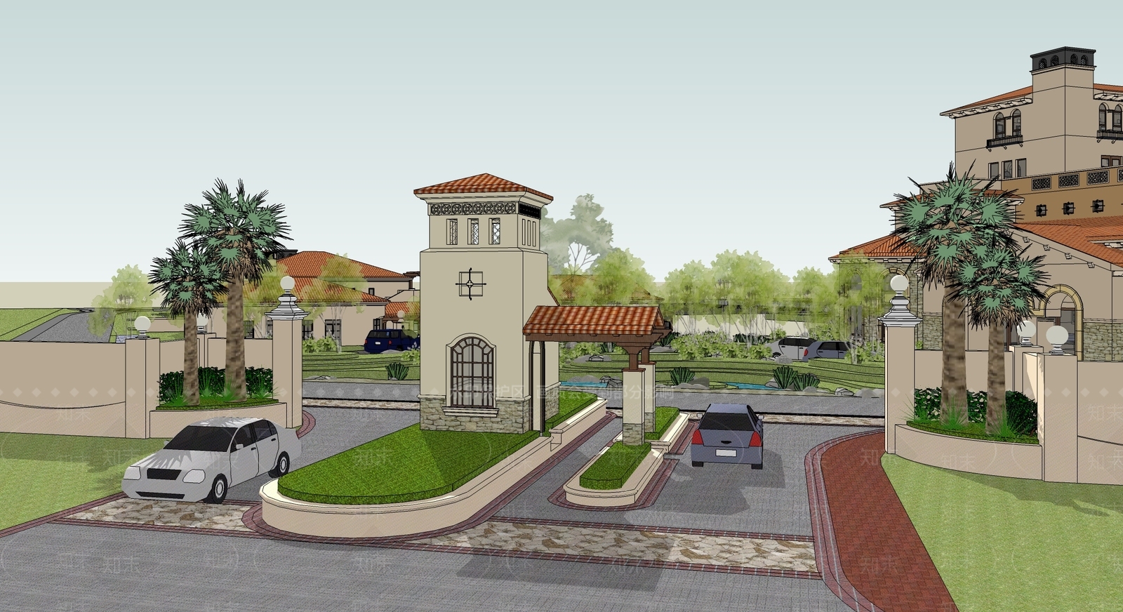 西班牙式住宅别墅及入口广场SU模型下载【ID:533194135】