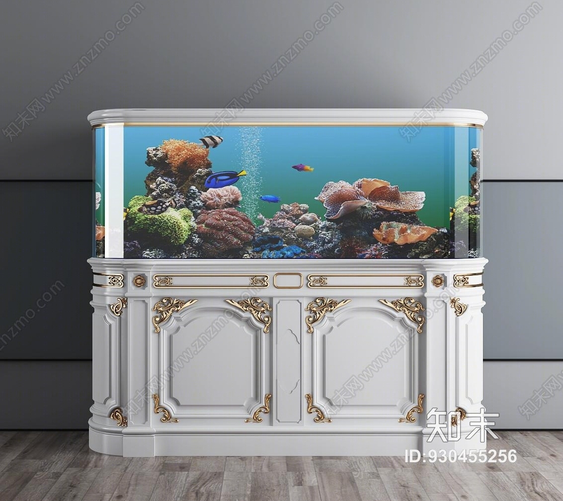 简欧欧式金属雕花实木柜鱼缸水族箱3D模型下载【ID:930455256】