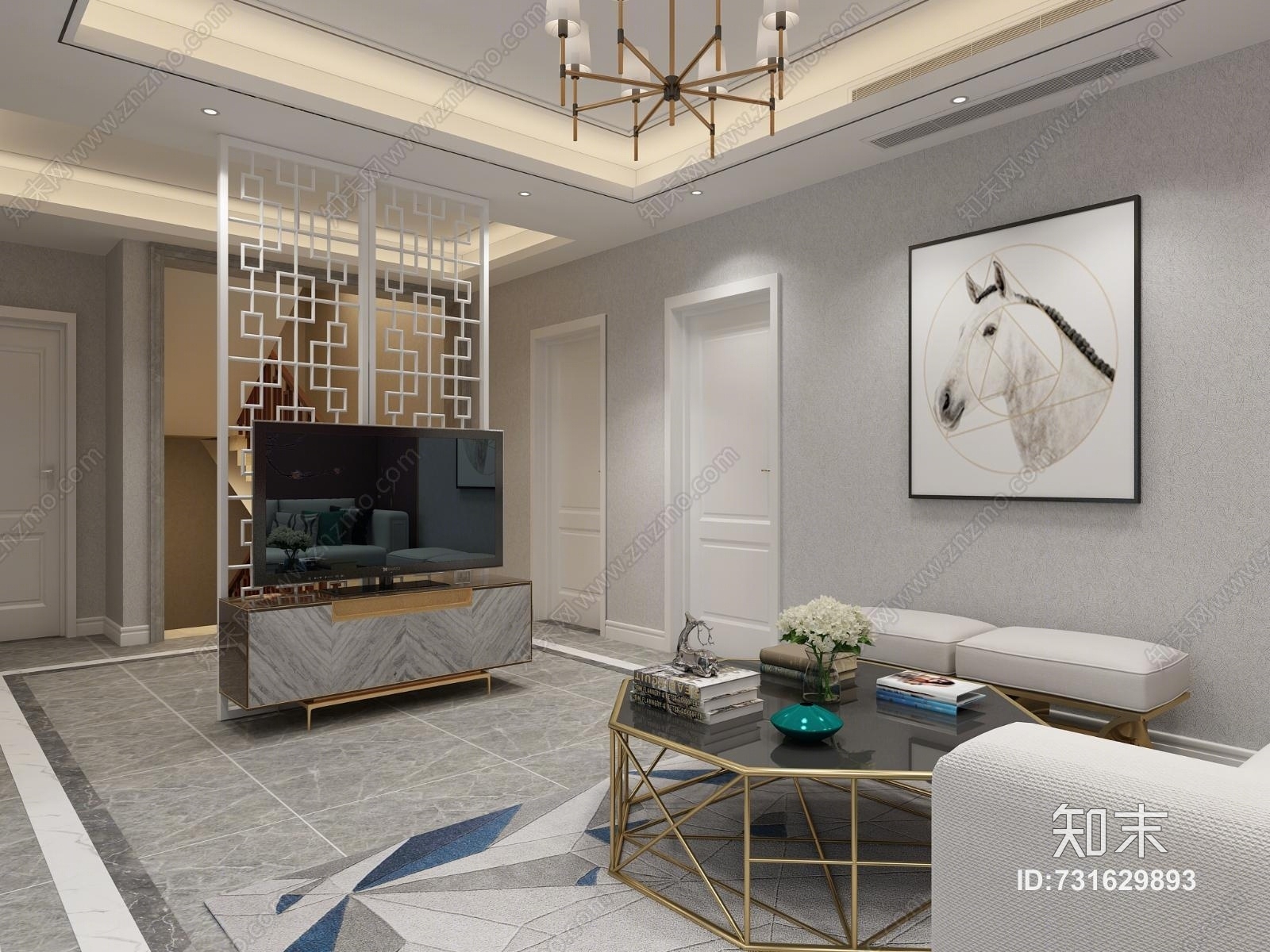 后现代起居室背景墙3D模型下载【ID:731629893】