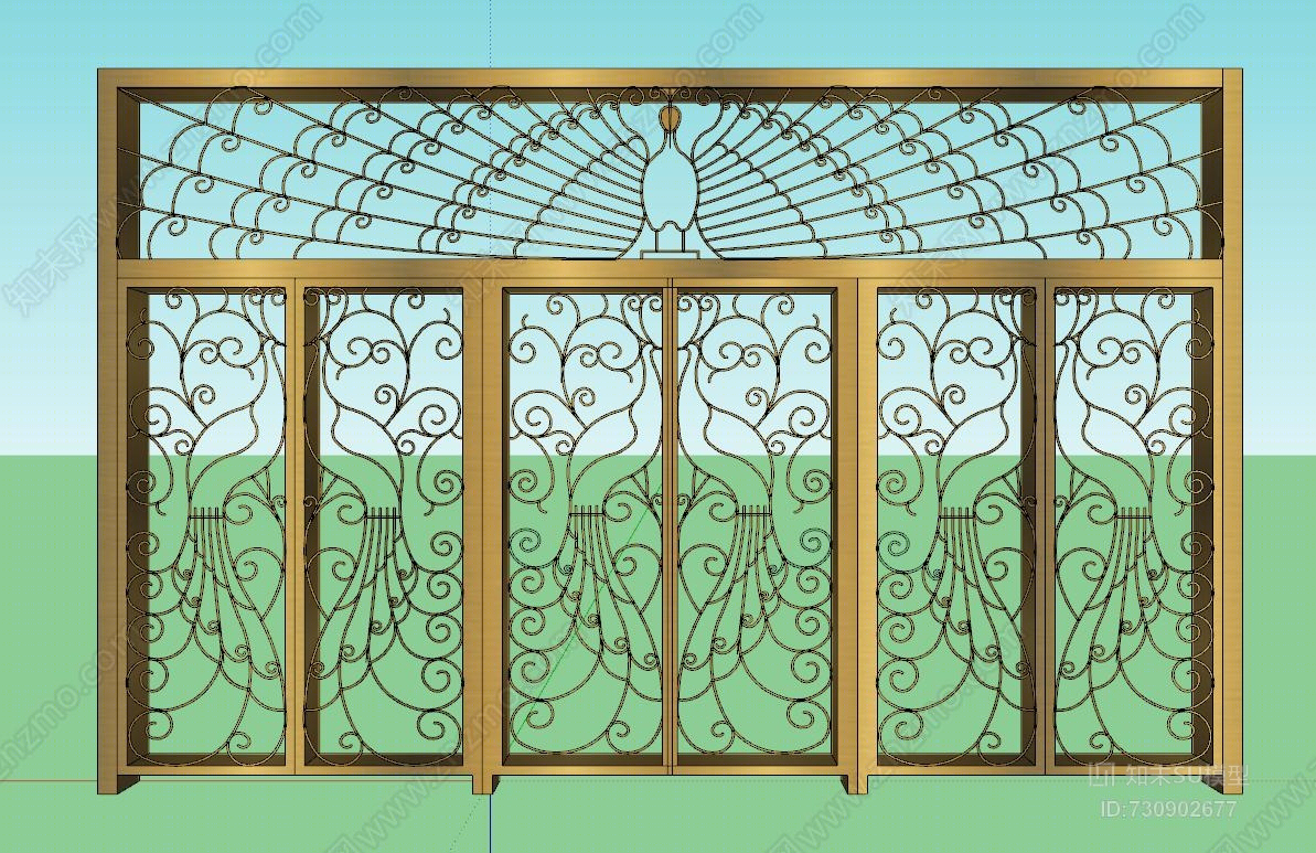 孔雀门入户门玻璃花雕门铜门下载室外SU模型下载【ID:730902677】