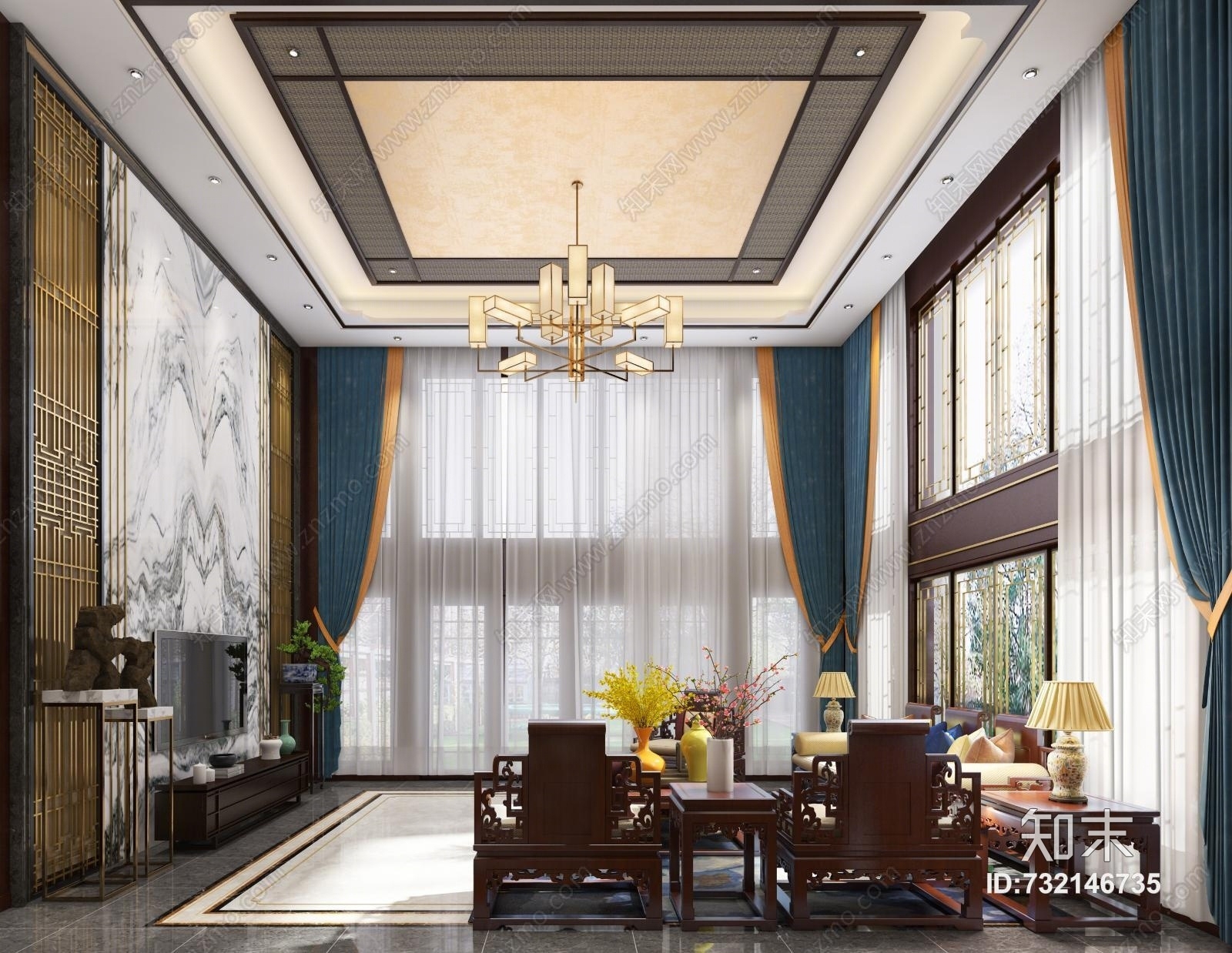 新古典中式调控客餐厅3D模型下载【ID:732146735】