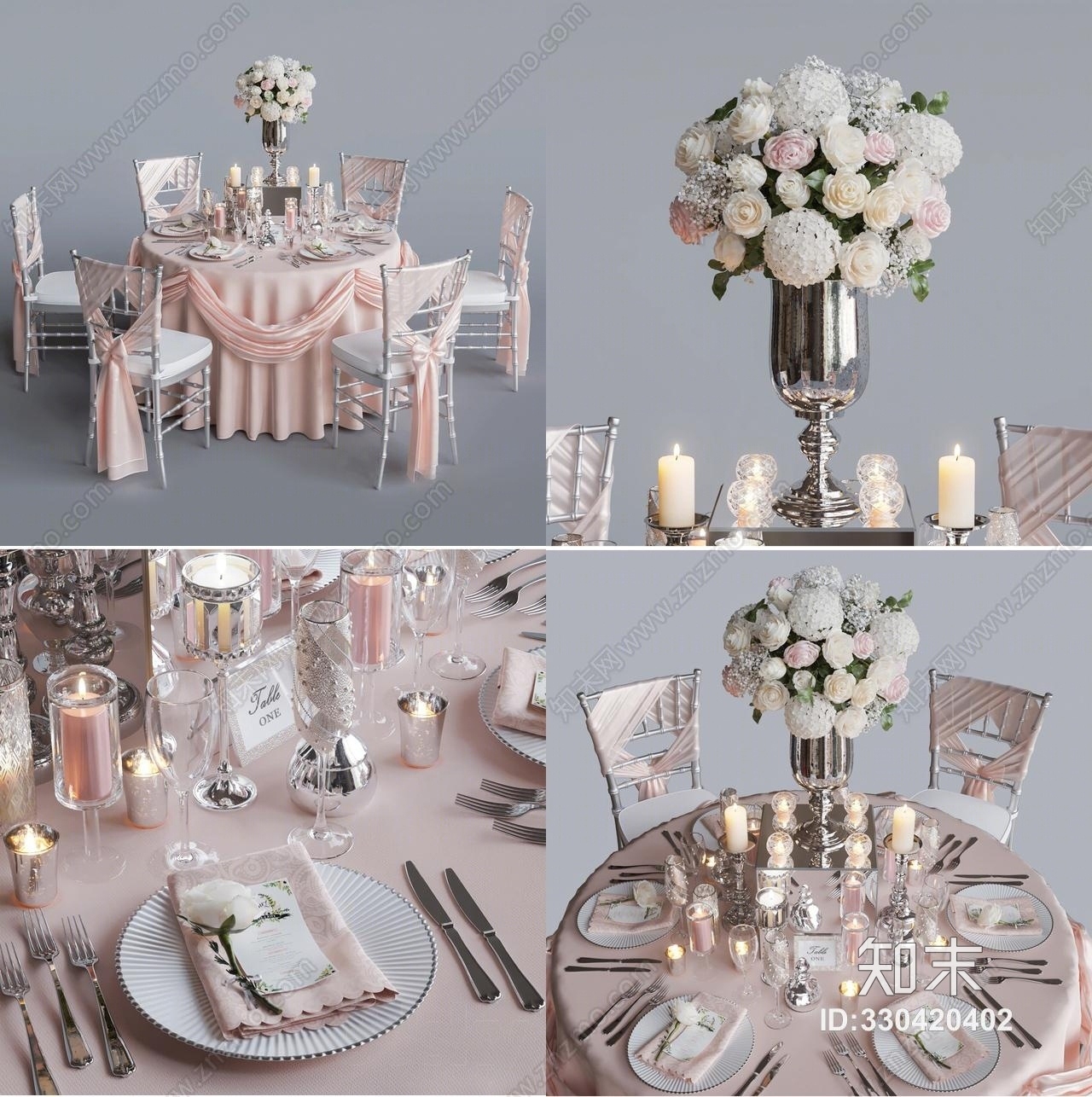后现代宴会婚礼酒店宴席餐桌椅餐具花瓶组合3D模型下载【ID:330420402】