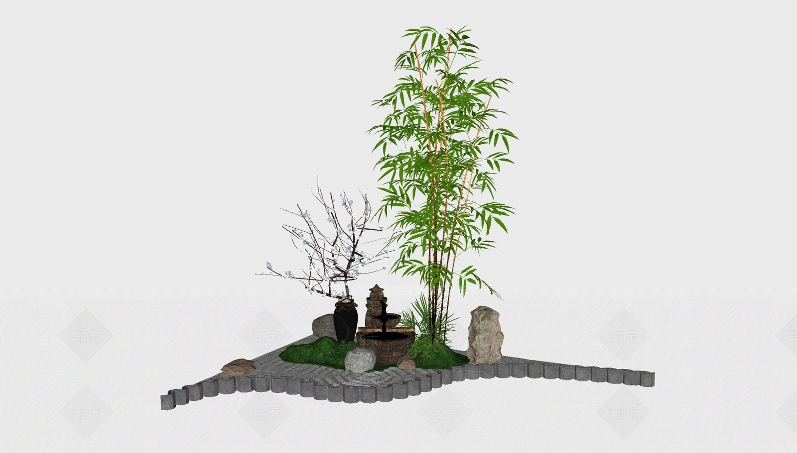 现代富贵竹子假山植物盆栽小品组合SU模型下载【ID:133742760】