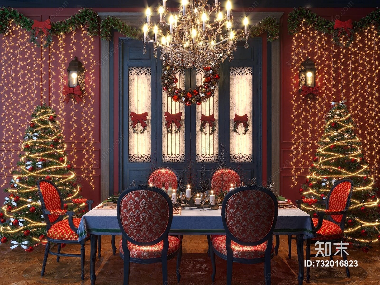 美式圣诞节餐厅欧式餐桌圣诞节装饰品水景吊灯3D模型下载【ID:732016823】