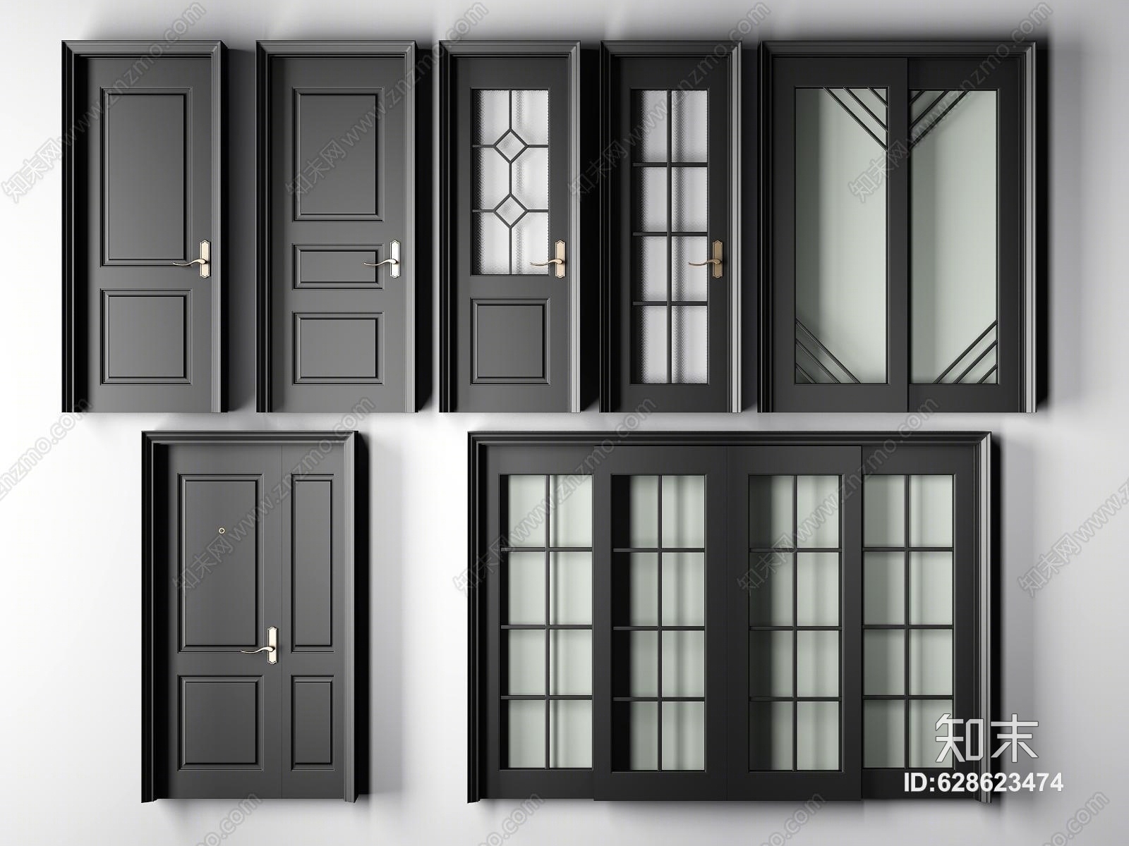 现代黑色烤漆实木门组合指母门推拉门厕所单开房门3D模型下载【ID:628623474】