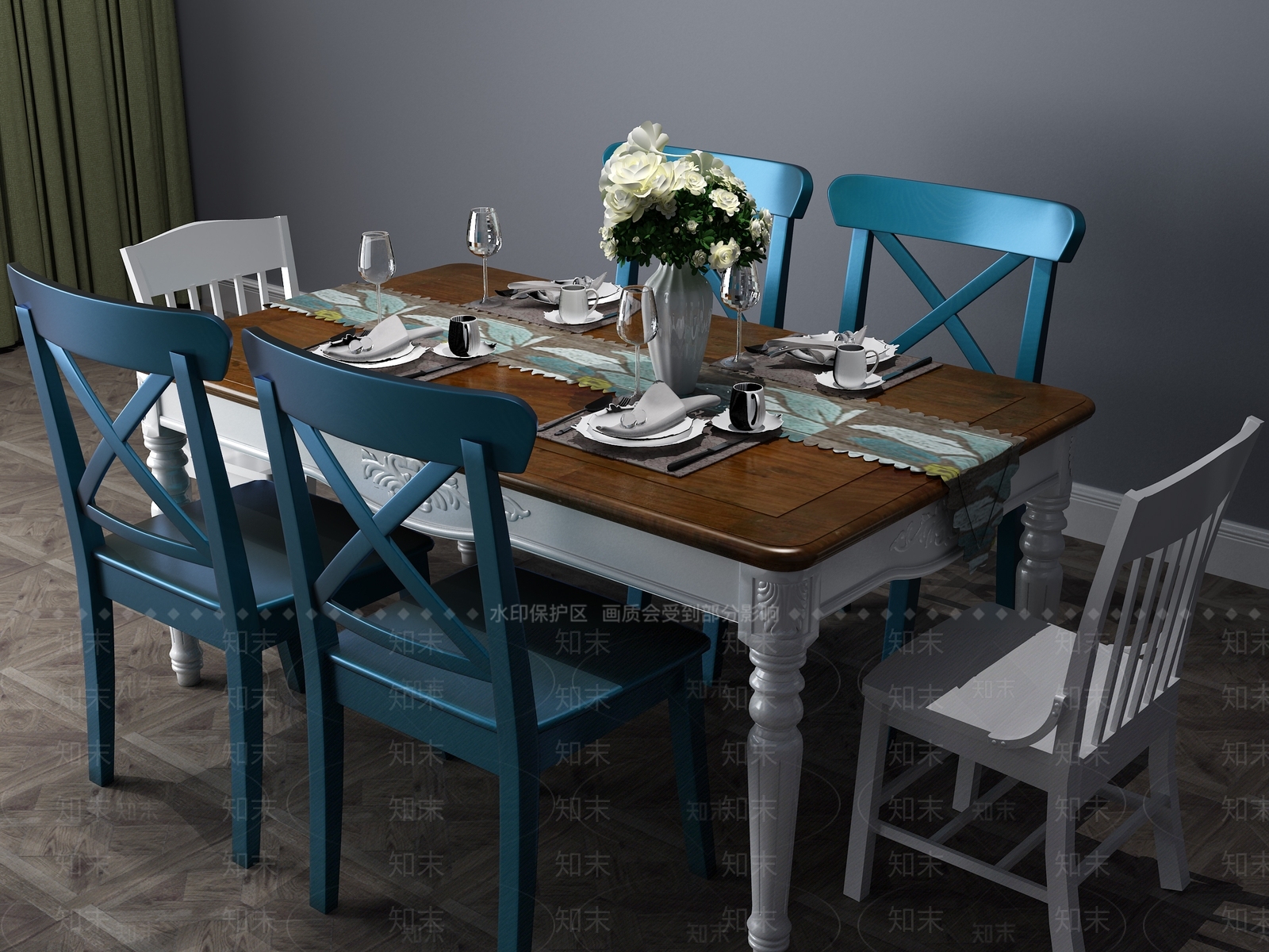 地中海餐桌椅组合3D模型下载【ID:133511867】