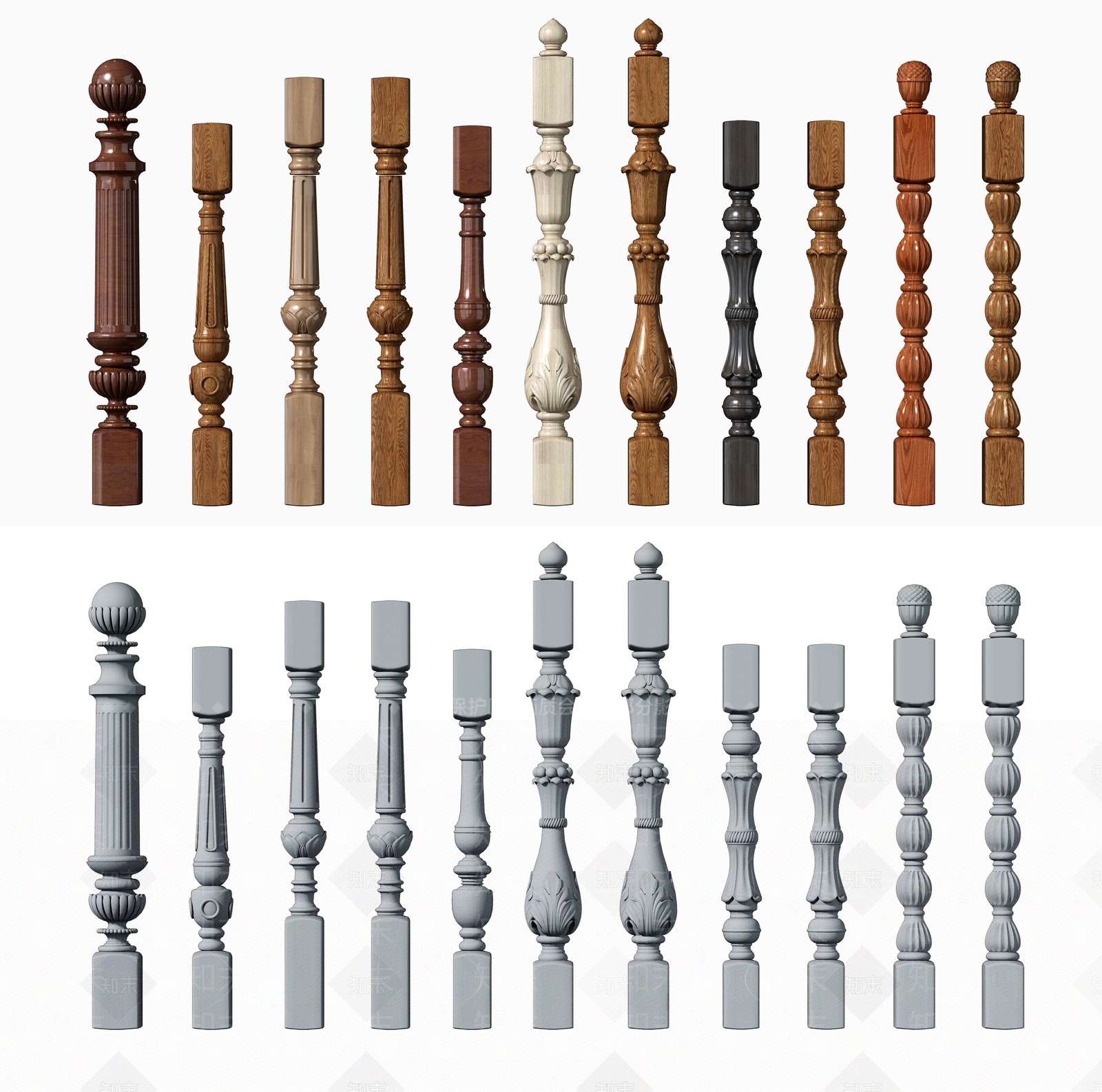 简欧实木楼梯立柱3D模型下载【ID:933279009】