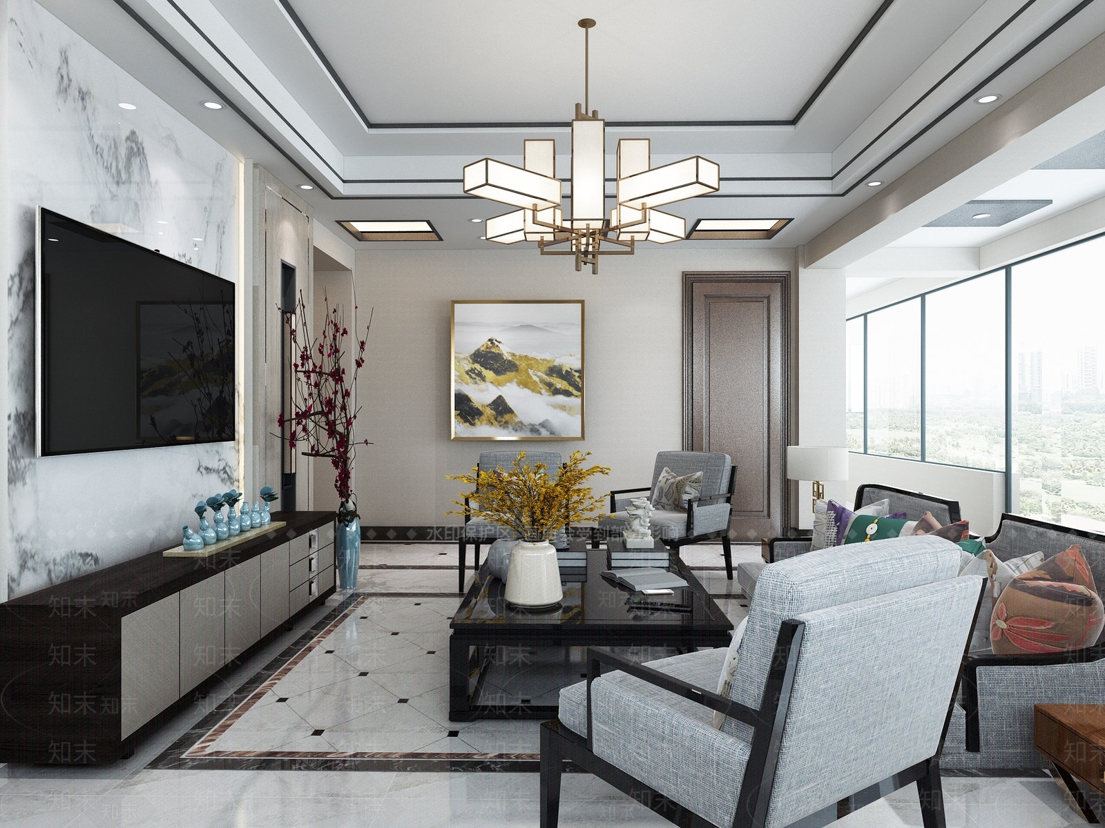 新中式客餐厅卧室客厅餐厅3D模型下载【ID:733183775】