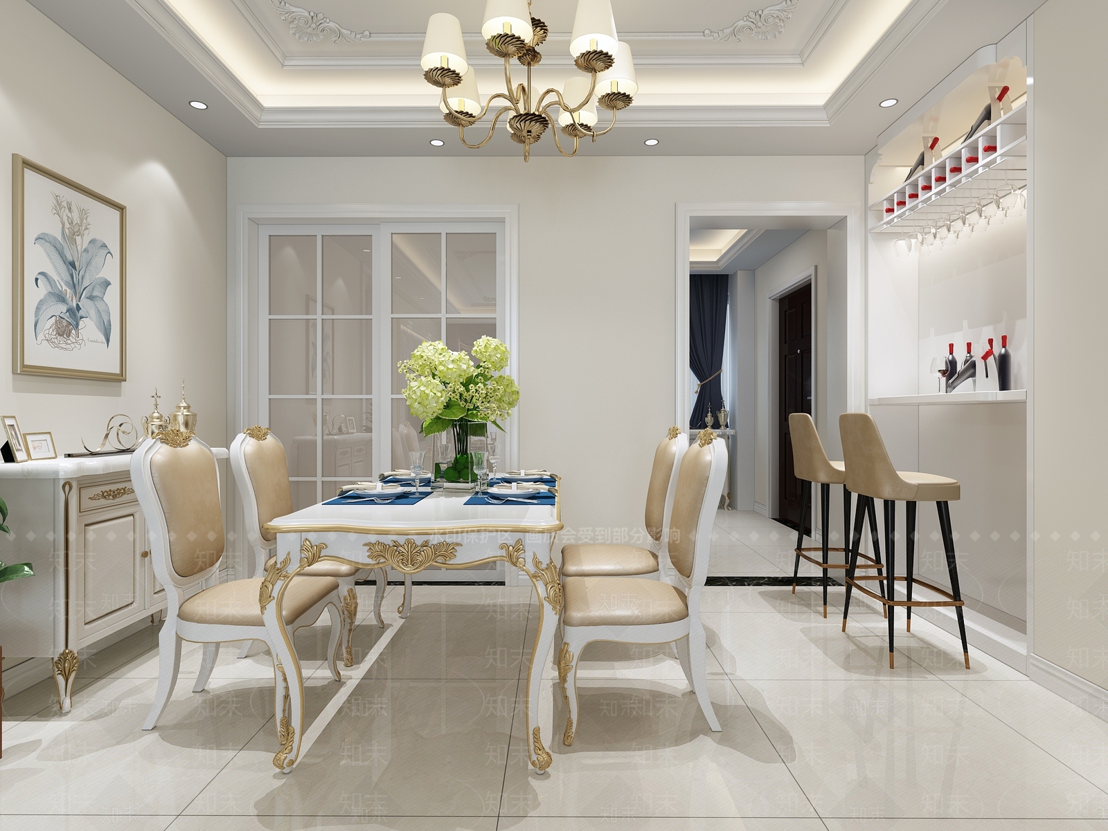 简欧客餐厅全景沙发餐桌水晶吊灯吧台酒柜茶几3D模型下载【ID:732291710】