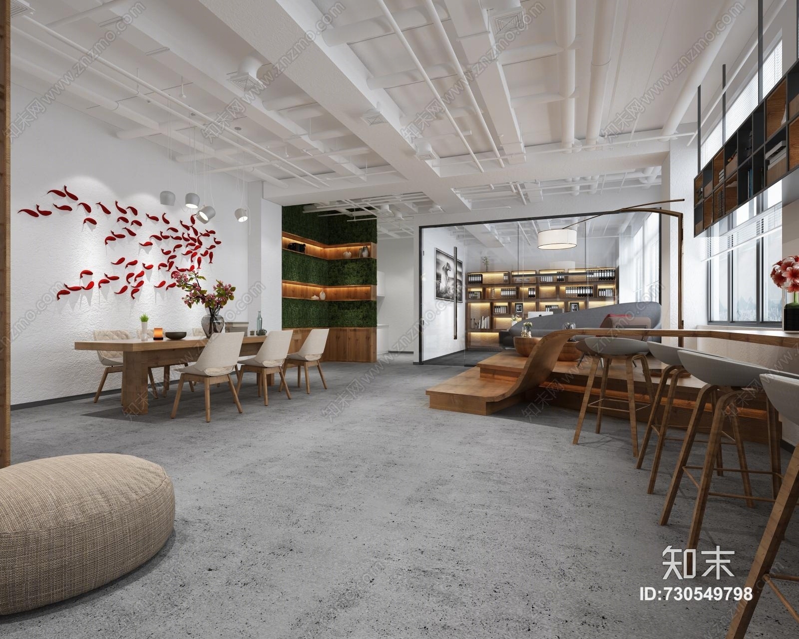 工业风办公大厅经理室吧台吧椅办公用品鲤鱼墙饰接待区茶桌椅休闲沙发茶几3D模型下载【ID:730549798】