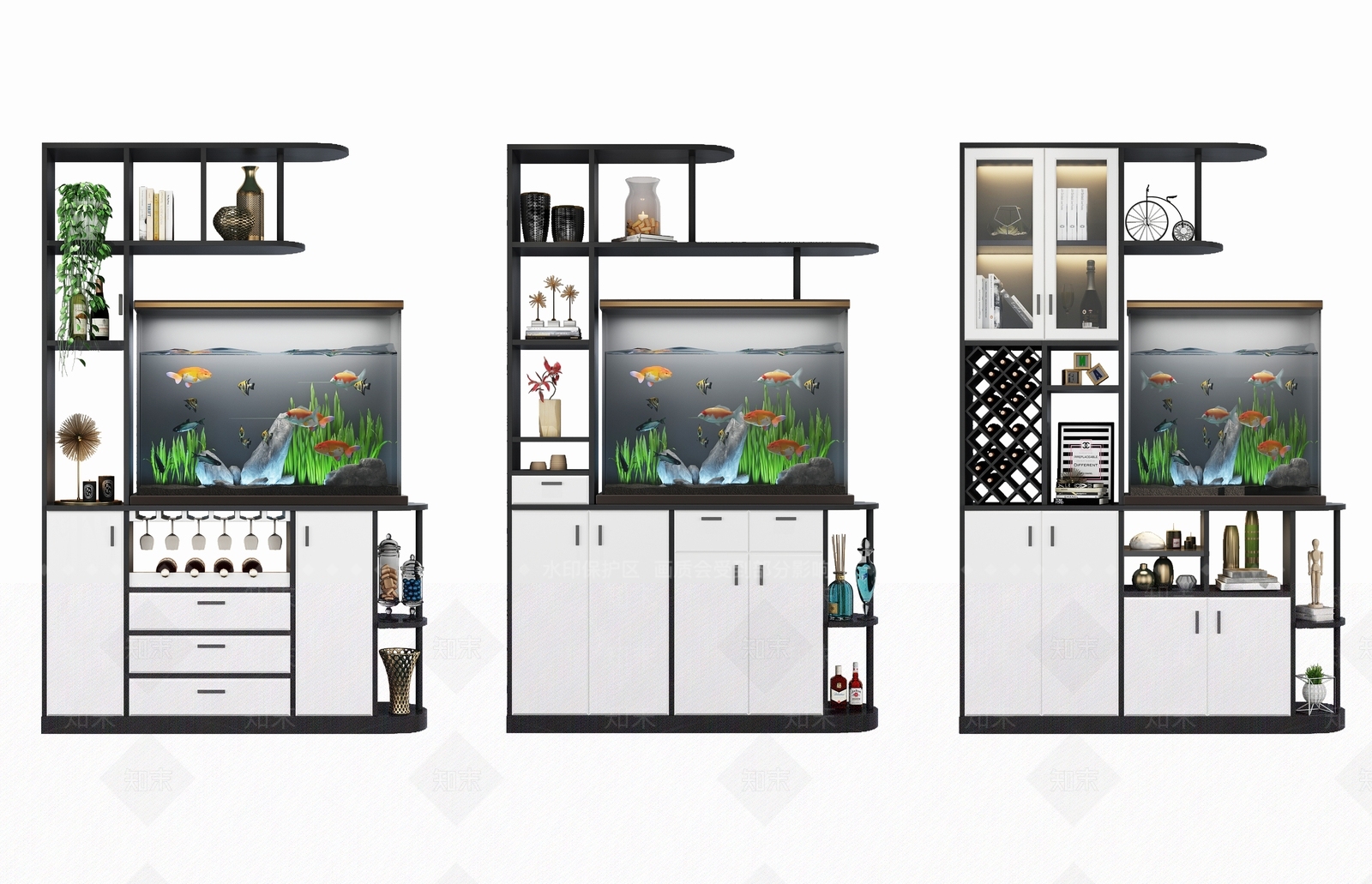 现代酒柜鱼缸摆件组合3D模型下载【ID:633344725】