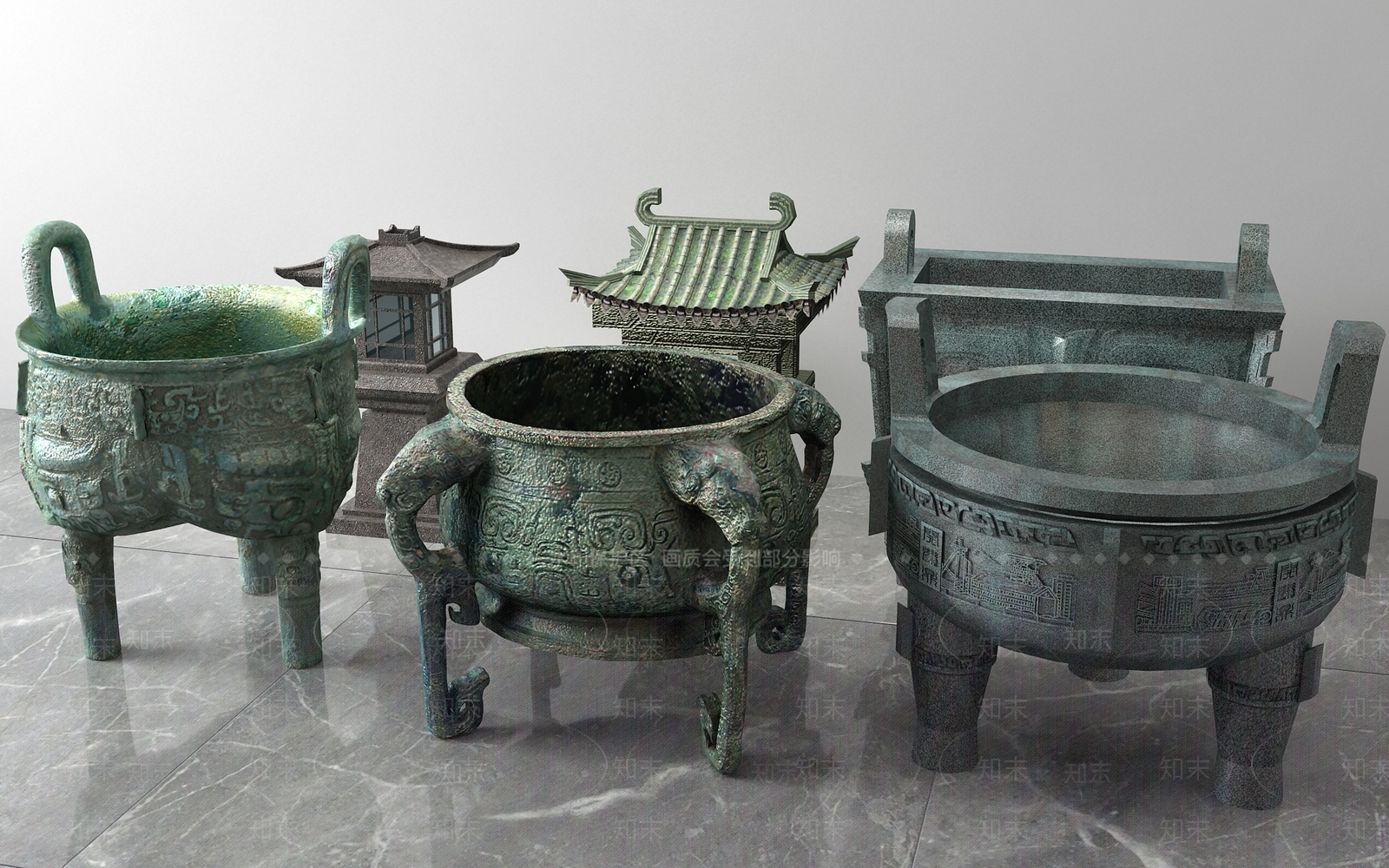 中式青铜鼎香炉3D模型下载【ID:133848361】