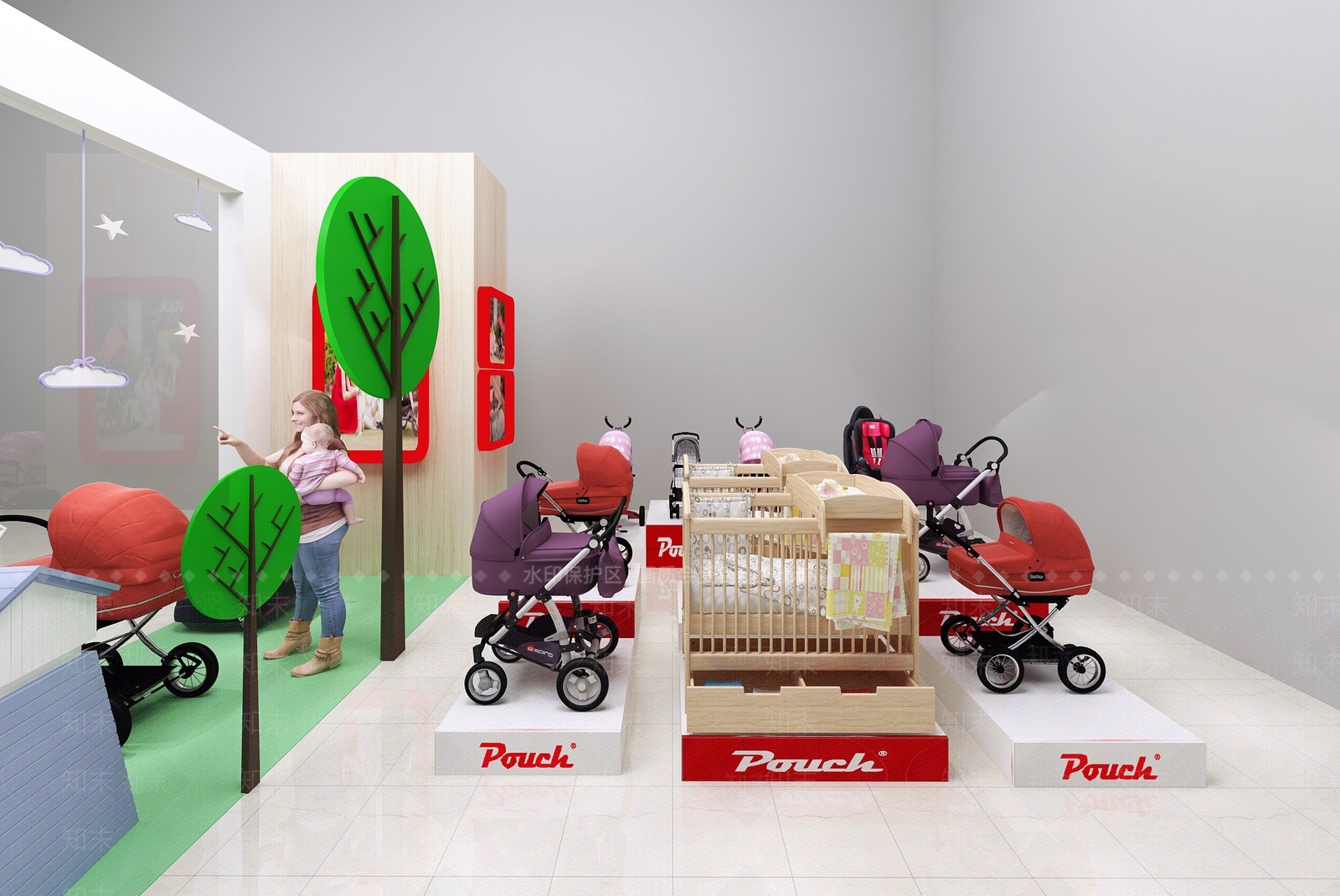 现代婴儿推车婴儿床母婴用品展示橱窗安全座椅卡通树木小房子童趣母亲孩子人物3D模型下载【ID:232456889】