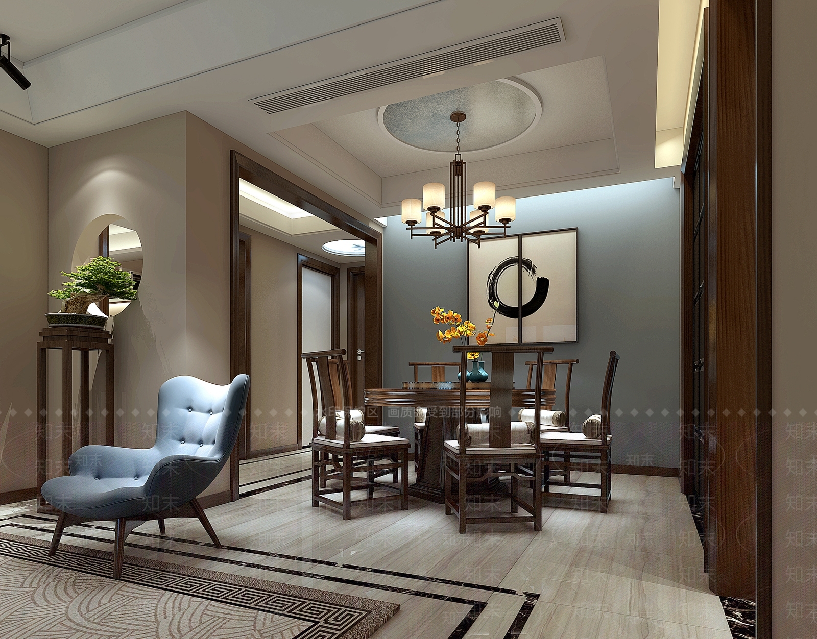 新中式现代中式餐厅餐桌吊灯装饰画3D模型下载【ID:832959521】