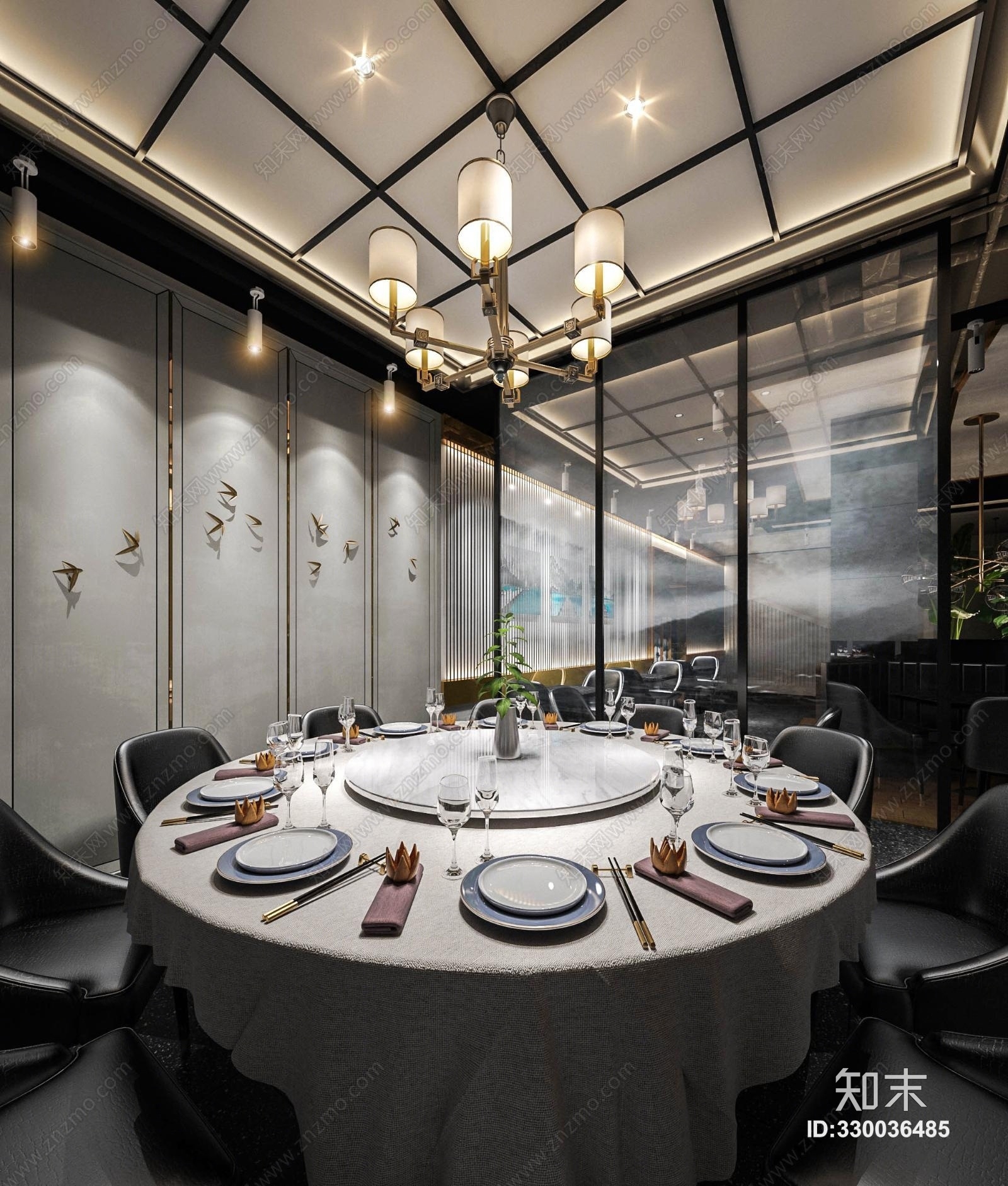 新中式中式餐厅包厢新中式包厢餐桌3D模型下载【ID:330036485】