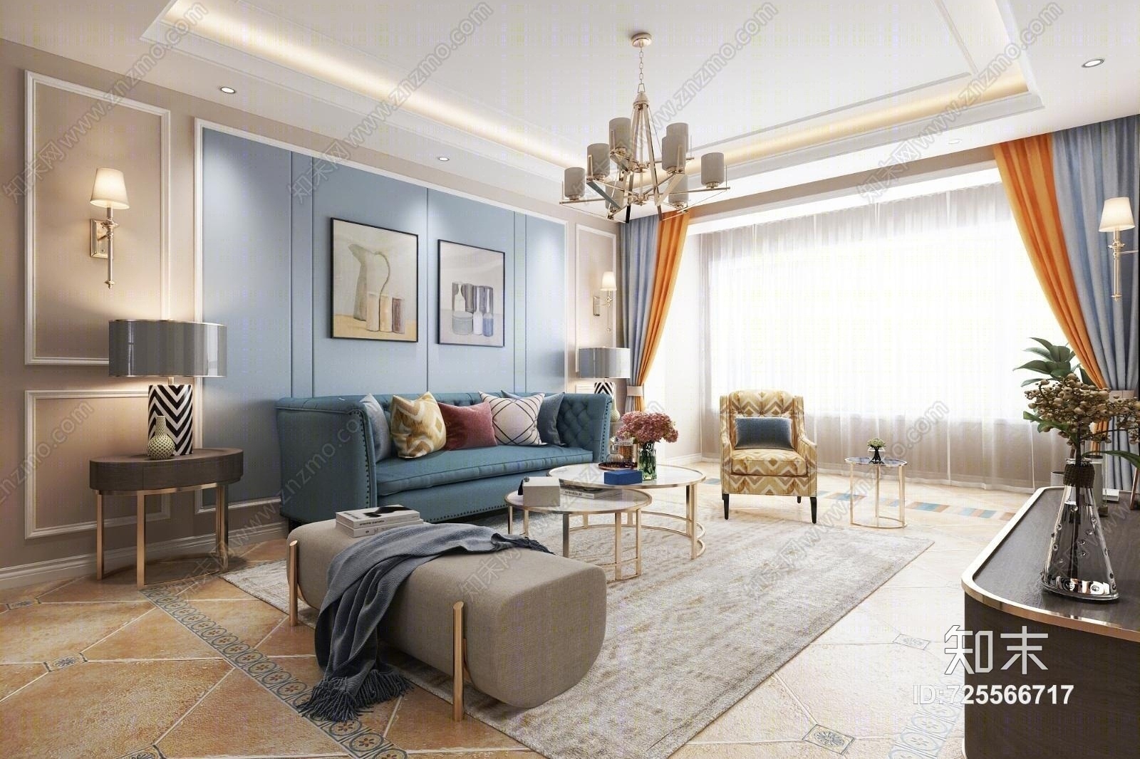 简约美式客餐厅门厅3D模型下载【ID:725566717】