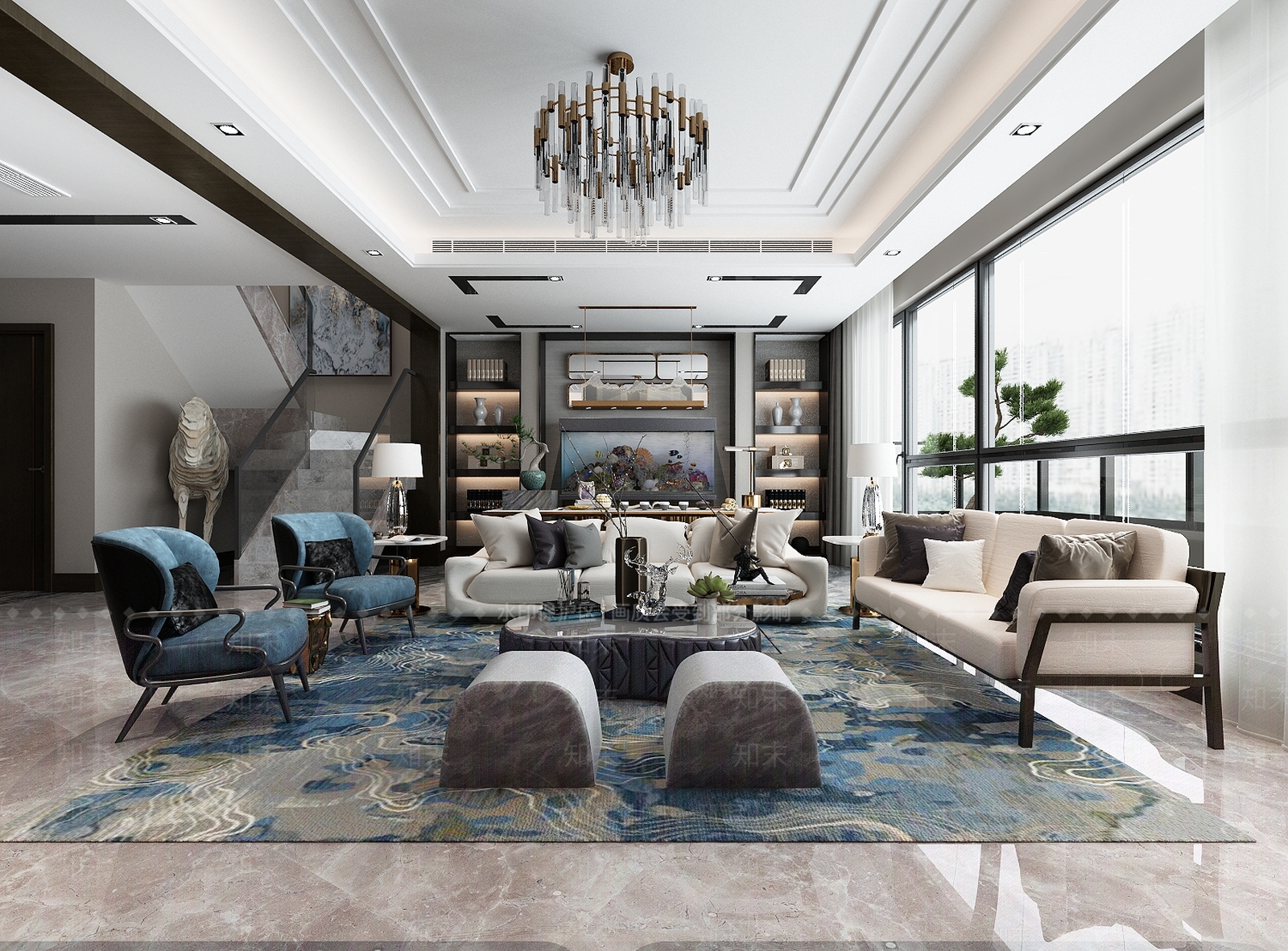 现代港式别墅客厅书房鱼缸书柜3D模型下载【ID:732727808】