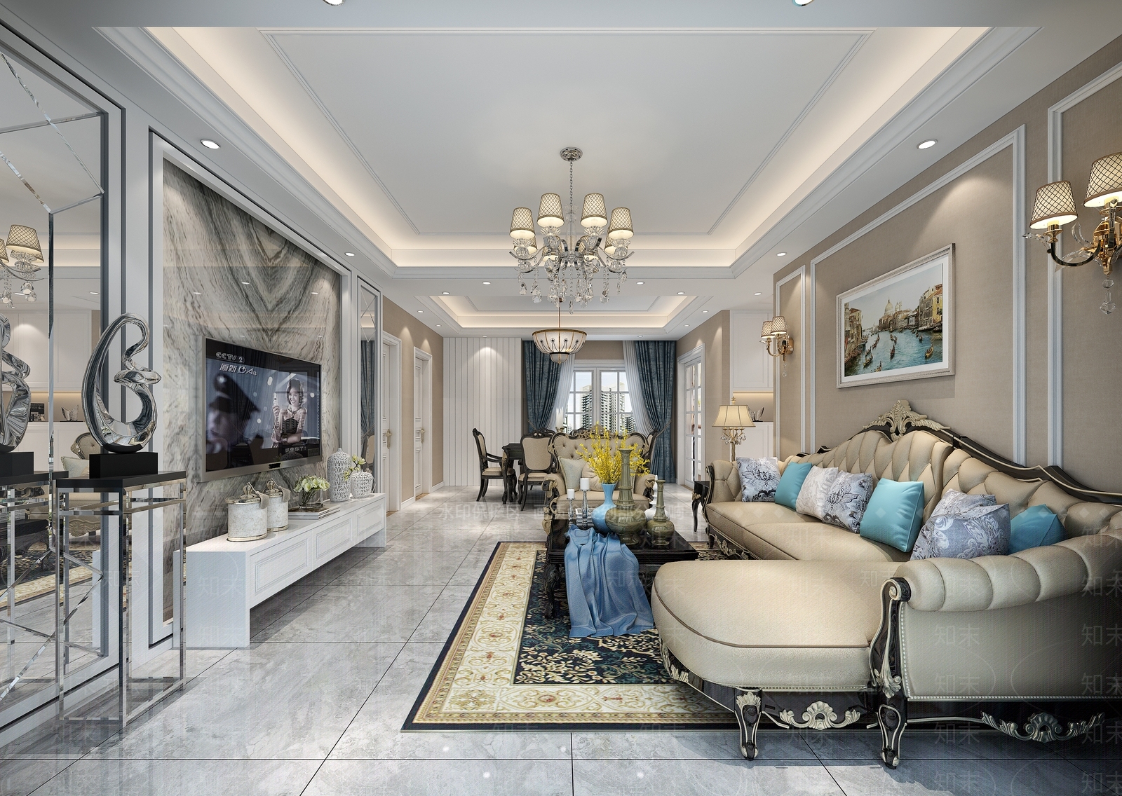 简欧欧式转角沙发3D模型下载【ID:732470746】