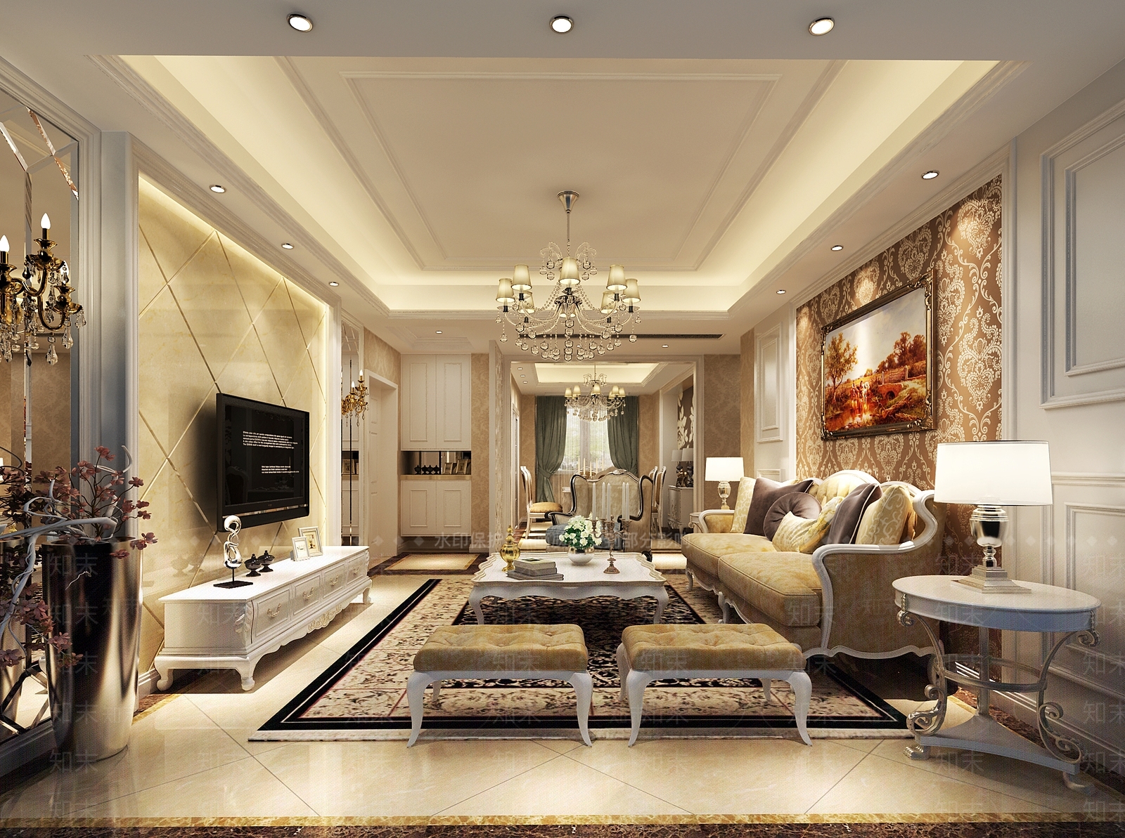 简欧客餐厅沙发电视柜餐桌3D模型下载【ID:732974768】