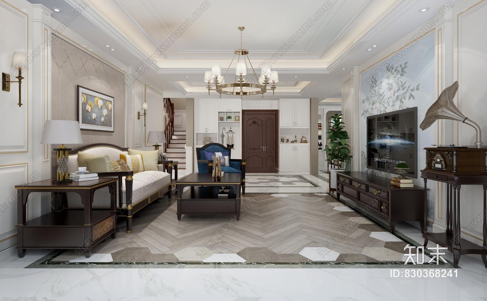 美式客厅餐厅门厅3D模型下载【ID:830368241】