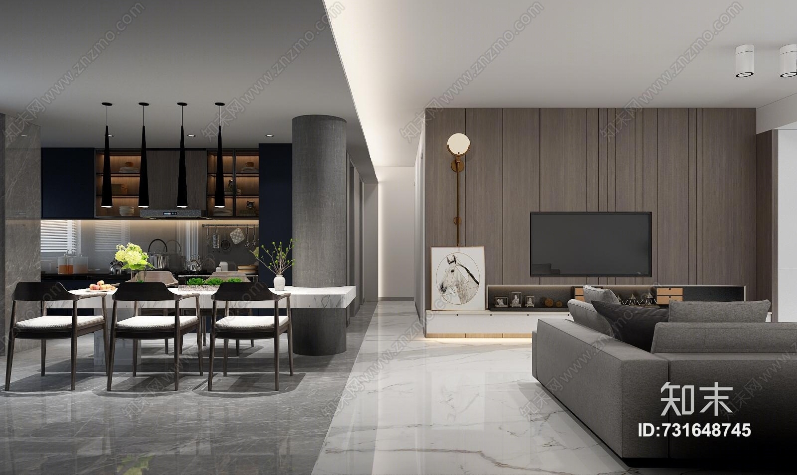 现代客厅餐厅厨房模型3D模型下载【ID:731648745】