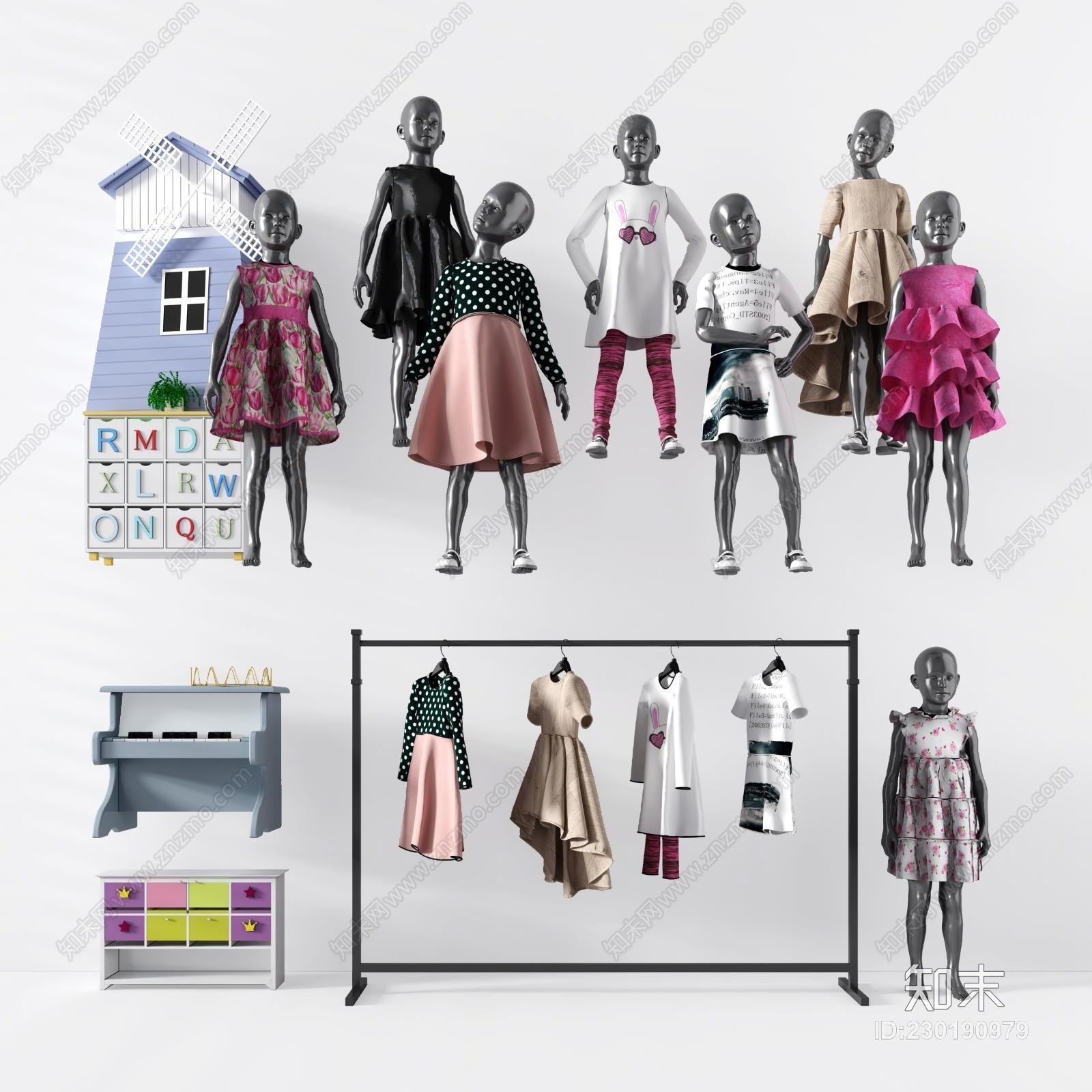 儿童模特服饰男装女装服装童装衣服风车衣服架摆件3D模型下载【ID:230190979】