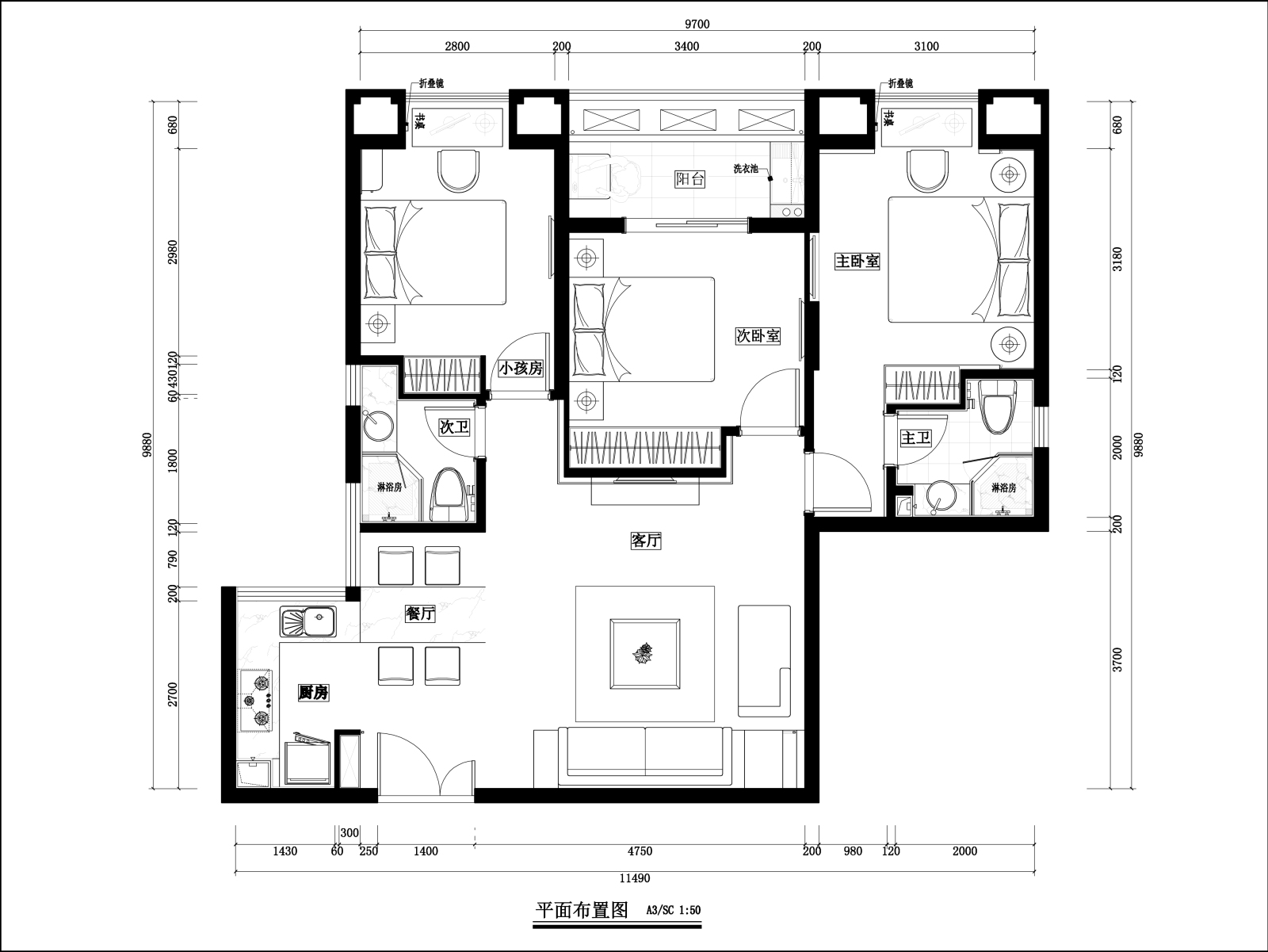 现代简约家装样板间施工图+效果图cad施工图下载【ID:532816714】