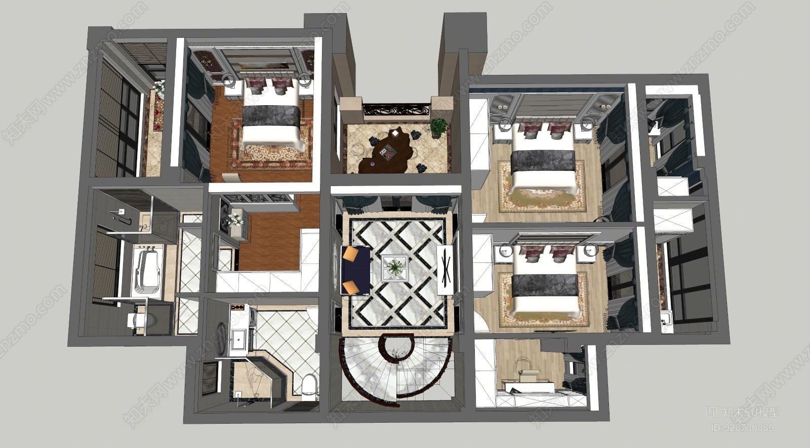 超精细欧式室内楼中楼SU模型下载【ID:928730889】