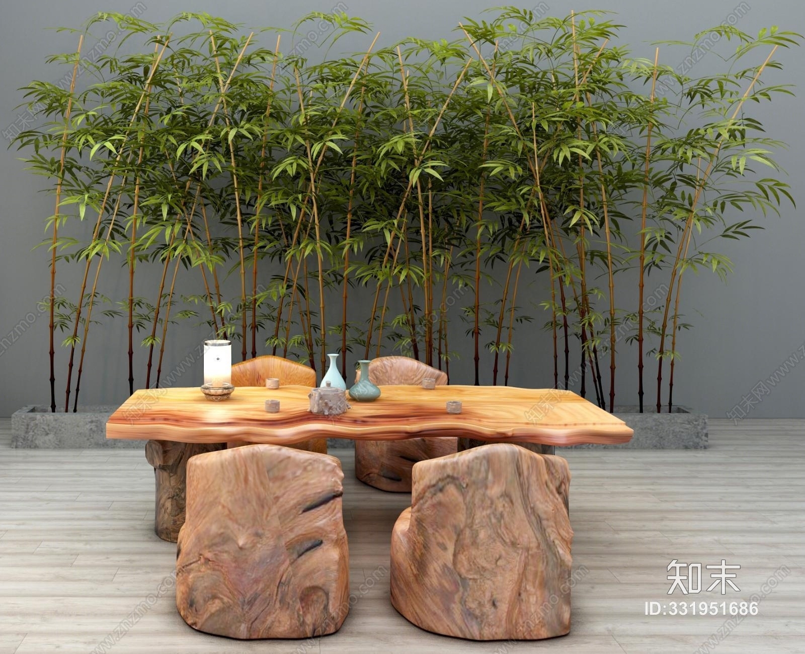新中式实木户外桌椅竹子摆件组合3D模型下载【ID:331951686】